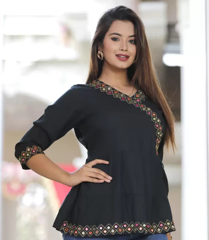 Bottle Green Rayon Top with Embroidery Work
