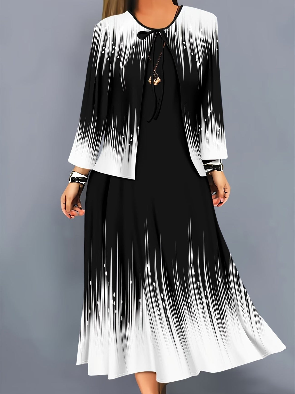 Elegant Layered Two-Piece Midi Dress Set with Tie-Front Cardigan – Flowy Printed Everyday & Occasion Wear