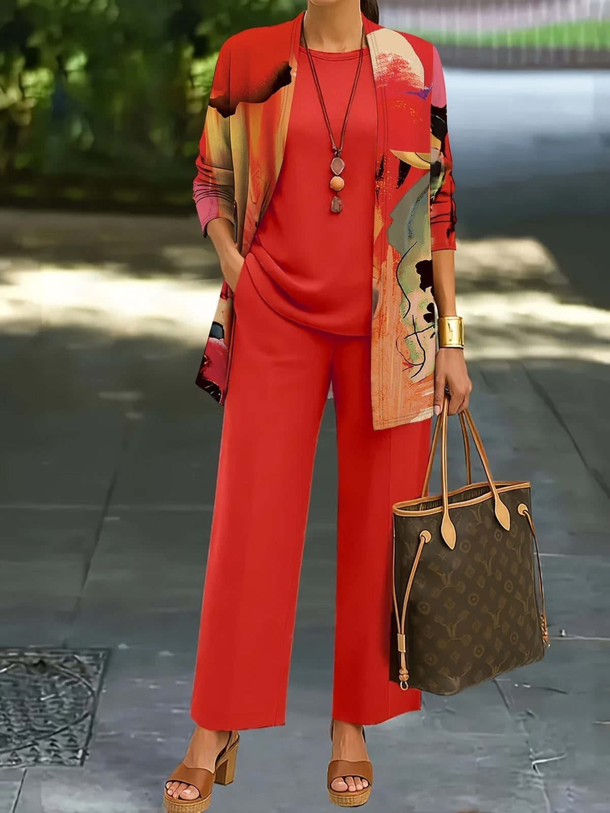 Women’s Stylish 3-Piece Set – Solid Cardigan, Casual Vest & Printed Palazzo Pants