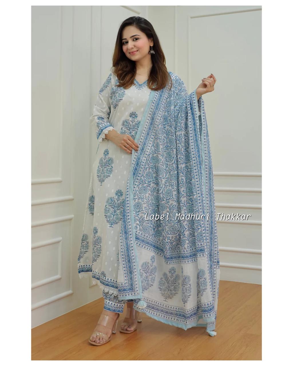 White-Grey Floral Handworked Afghani Suit Set