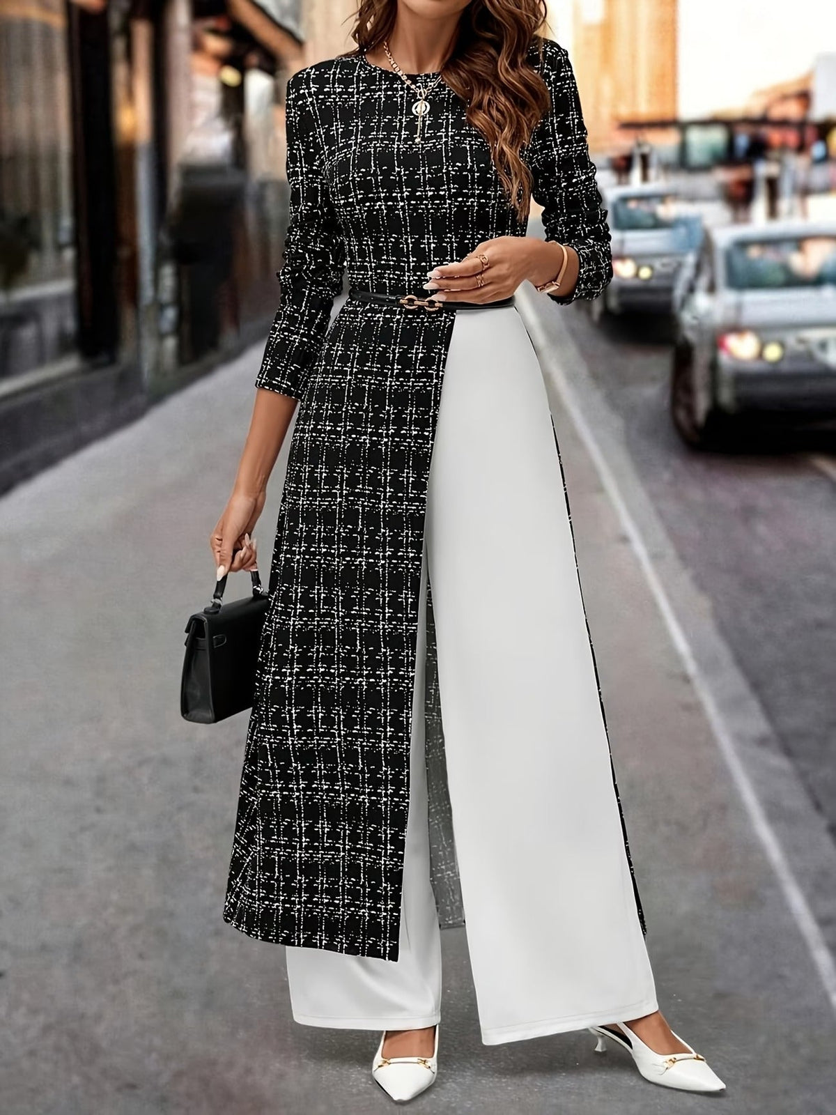 Chic Plaid Commuter Jumpsuit – Asymmetrical Design with Relaxed Straight-Leg Fit