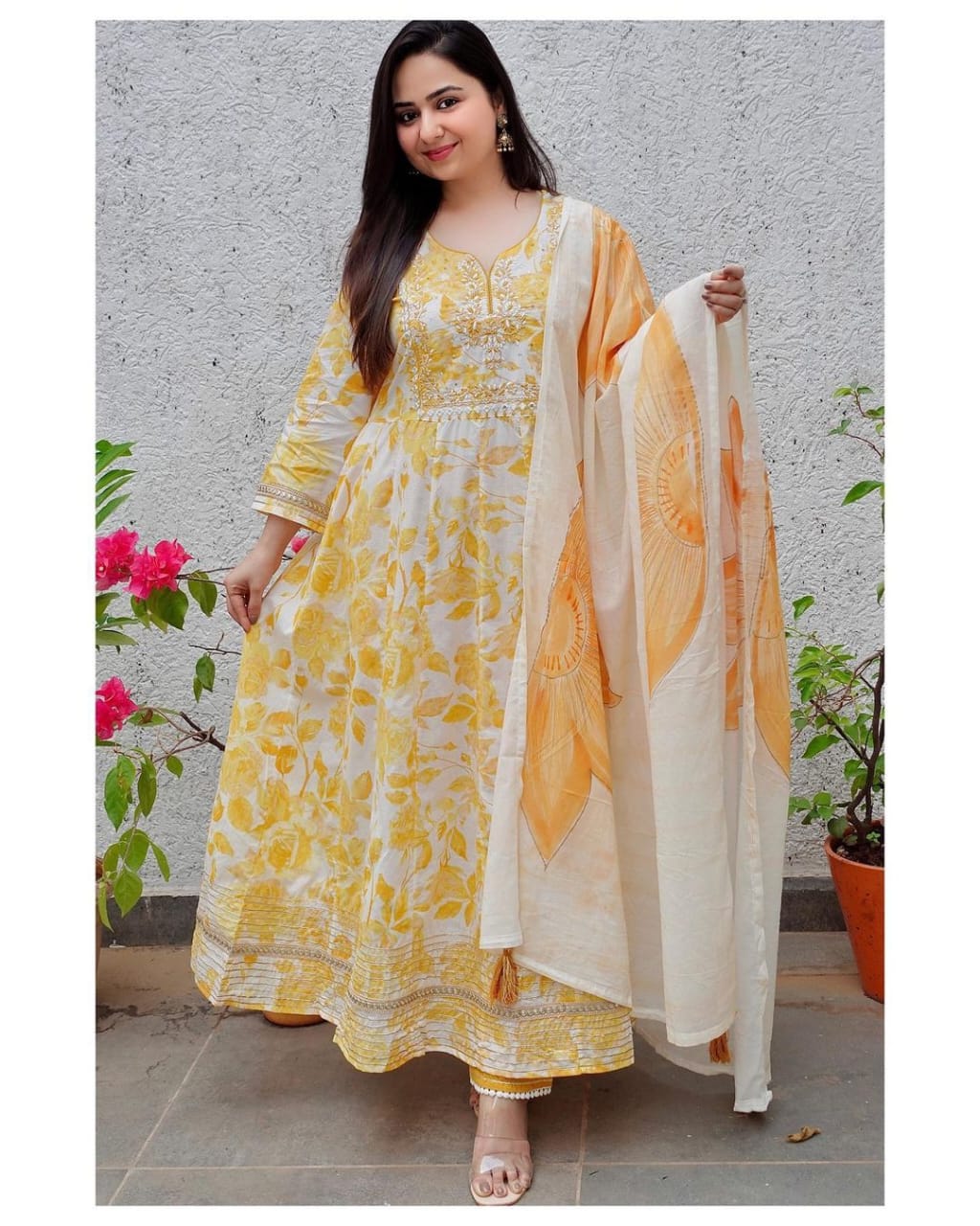 Anarkali Cotton Kurta with Handblock Print and Mirror Embroidery Work
