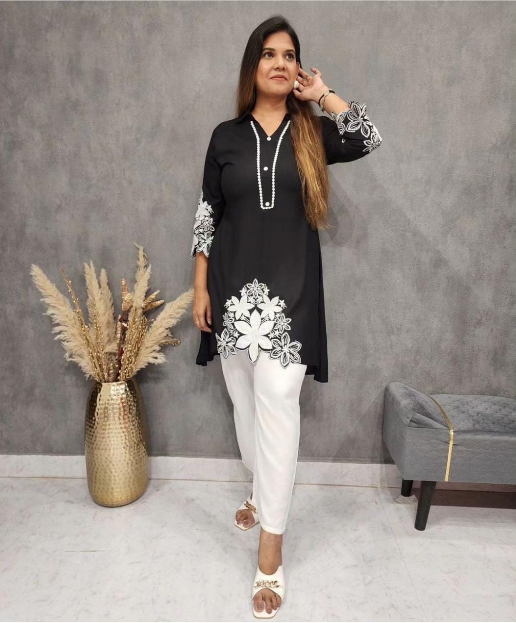 Rayon Cord Set with Hand Embroidery and Lace Detailing
