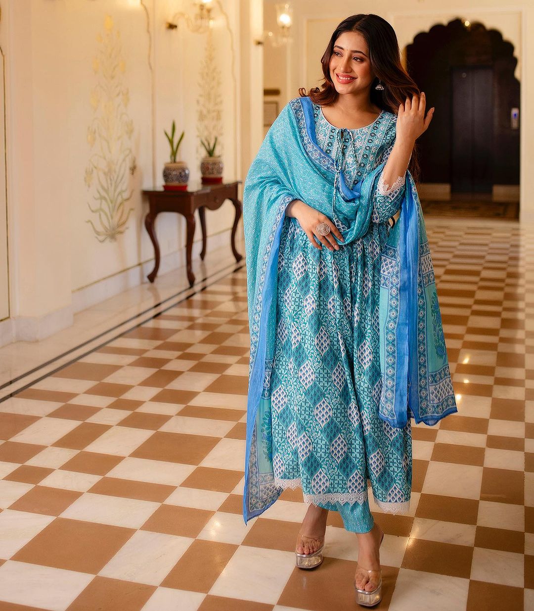 A-Line Printed Cotton Suit with Sequin Embroidery and Mal Mal Dupatta Set