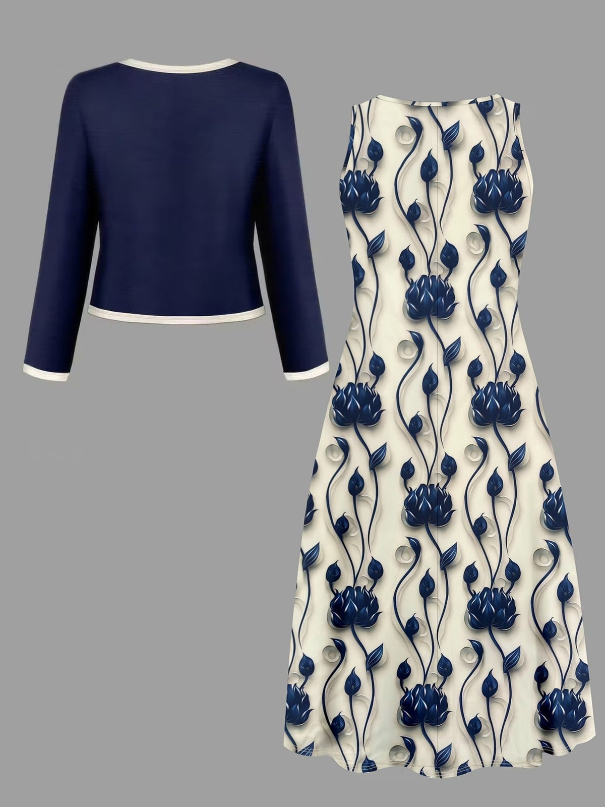 Elegant Solid Color Cardigan with Printed Flared Skirt – Stylish Two-Piece Women’s Fashion Set