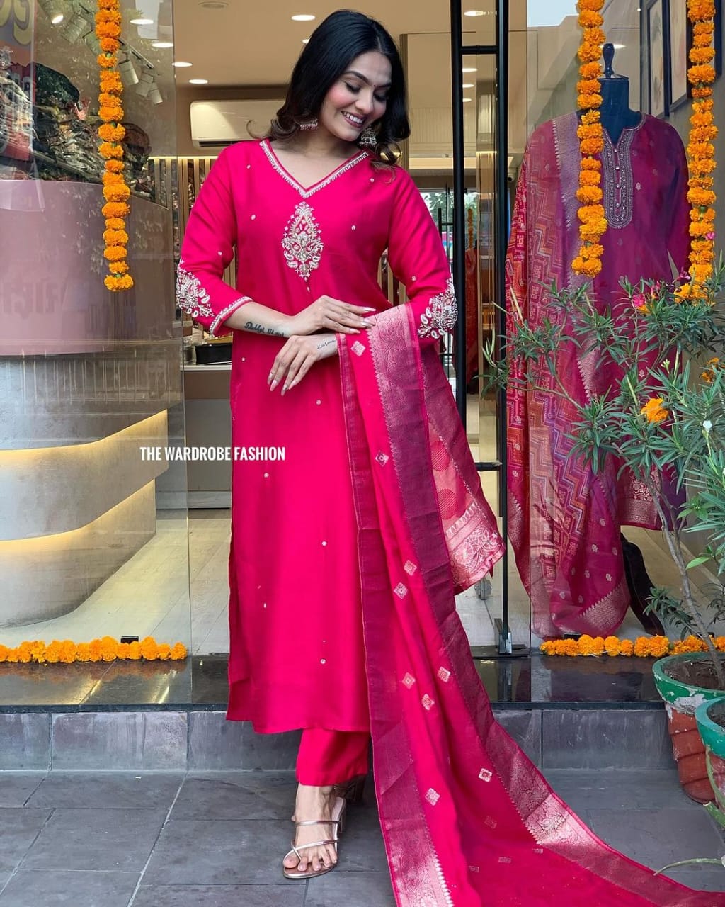 Rani Color Rayon Kurti with Adda Work, Pant and Latkan Dupatta