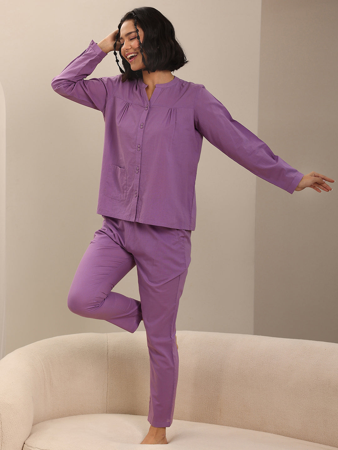 Anouk Purple Solid Cotton Night Suits