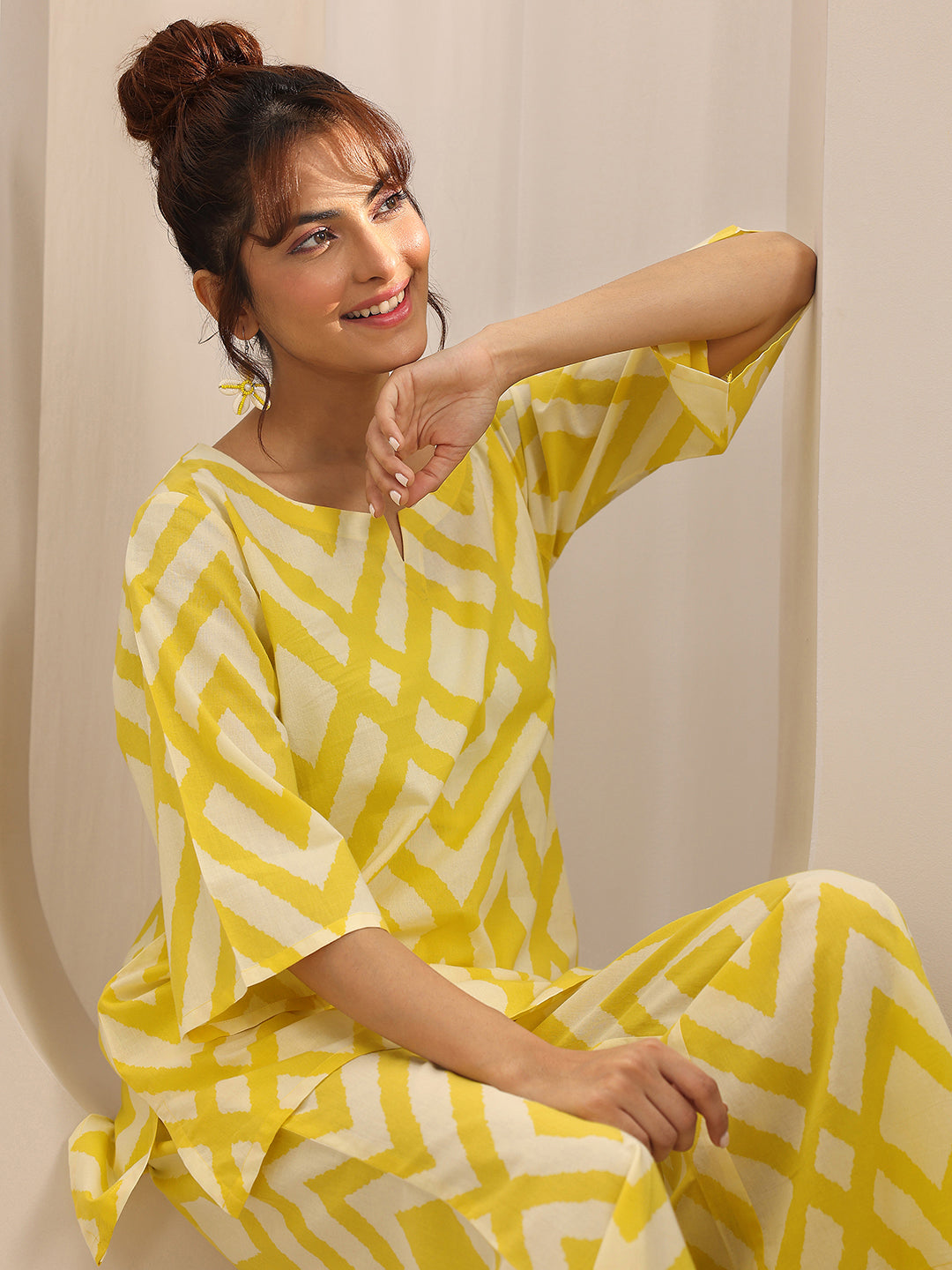 Anouk Yellow Printed Cotton Night Suits