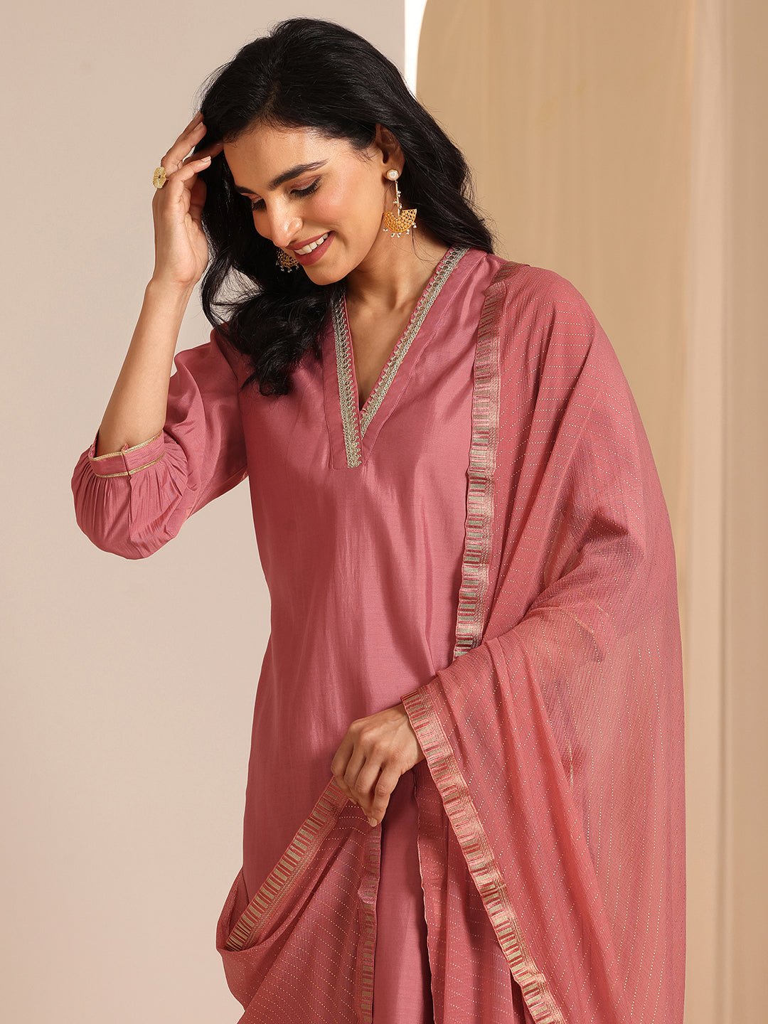 Anouk Peach Solid Silk Blend Straight Suit Set With Dupatta