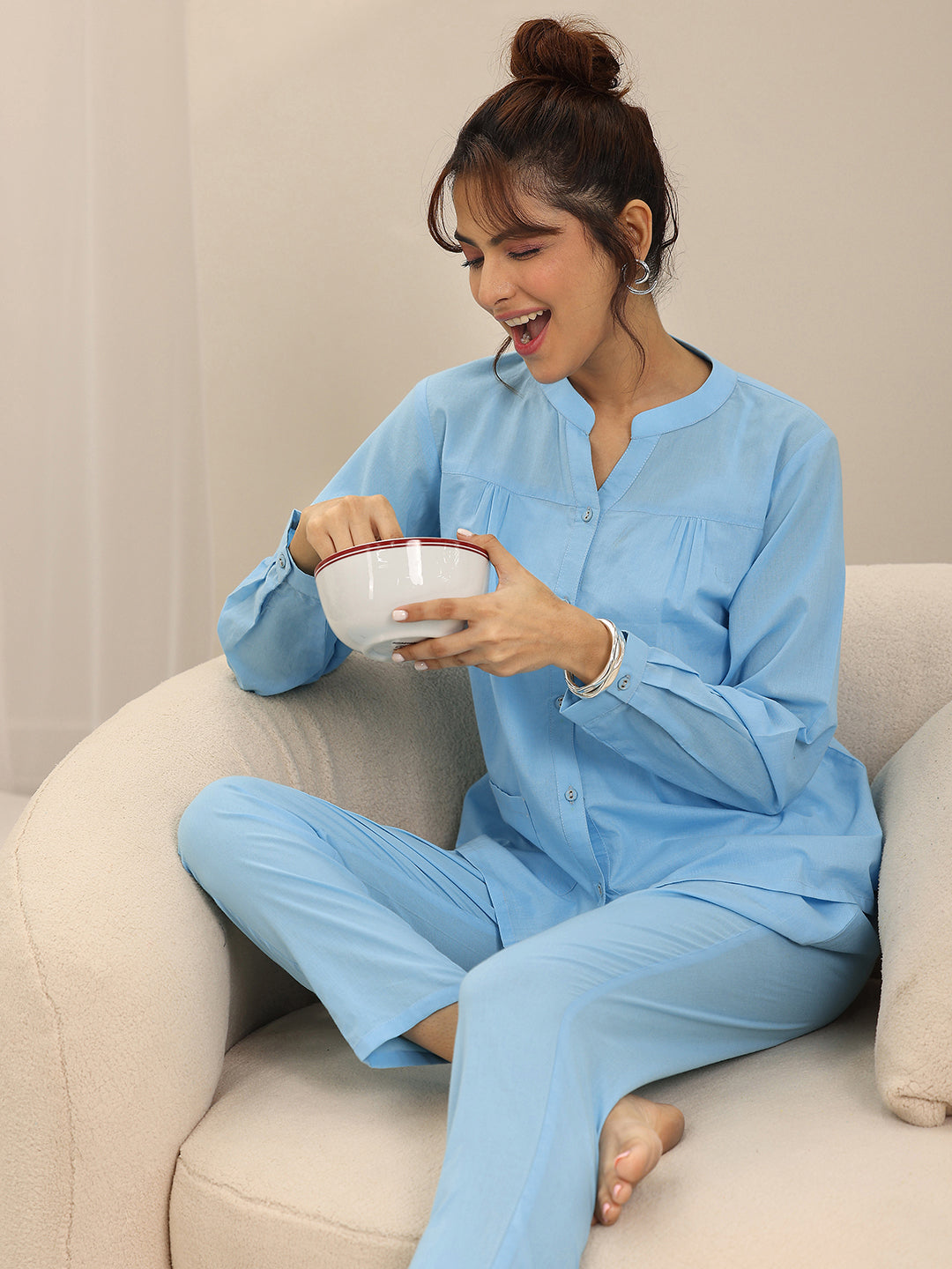 Anouk Blue Solid Cotton Night Suits