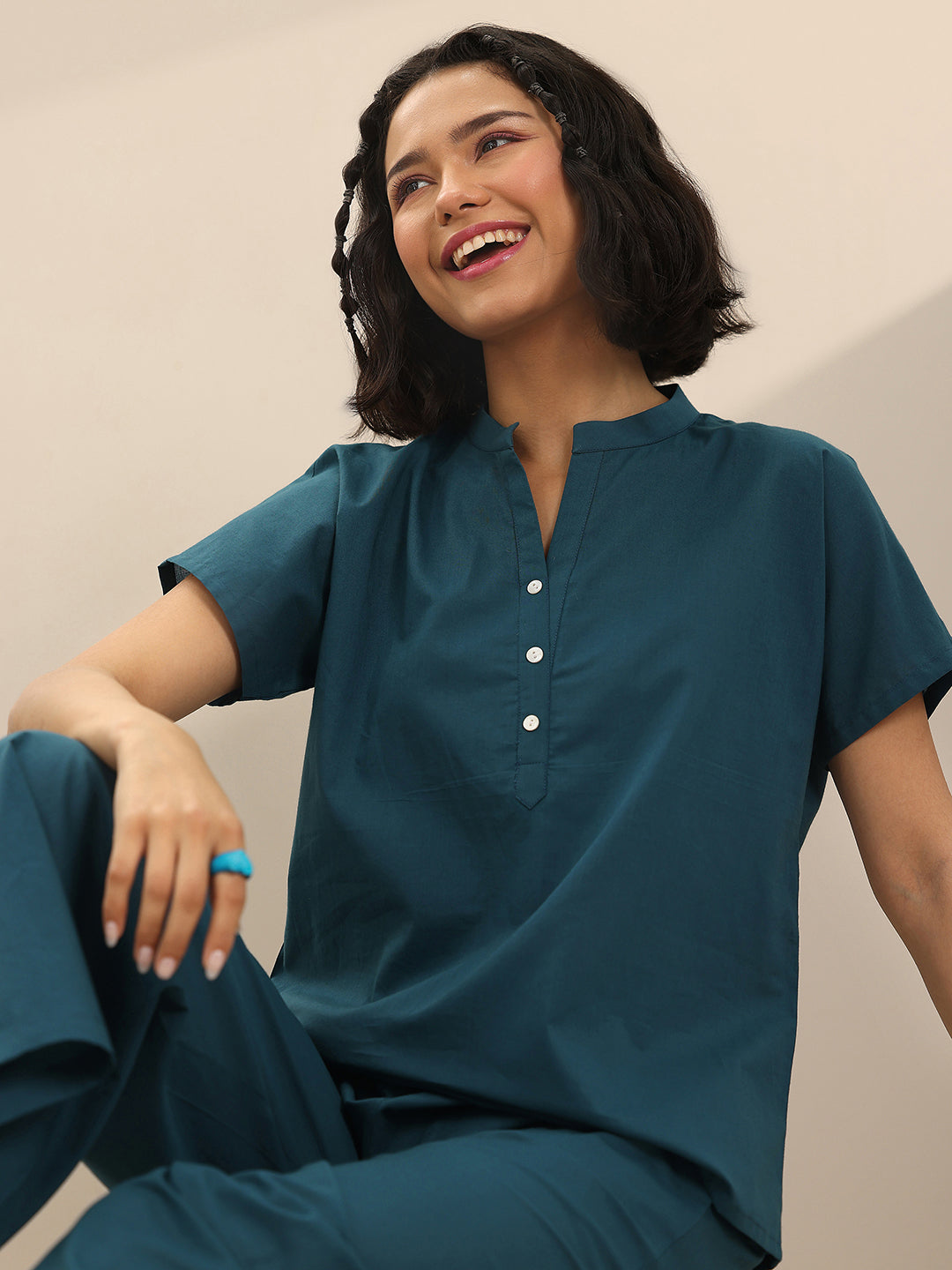 Anouk Teal Solid Cotton Night Suits