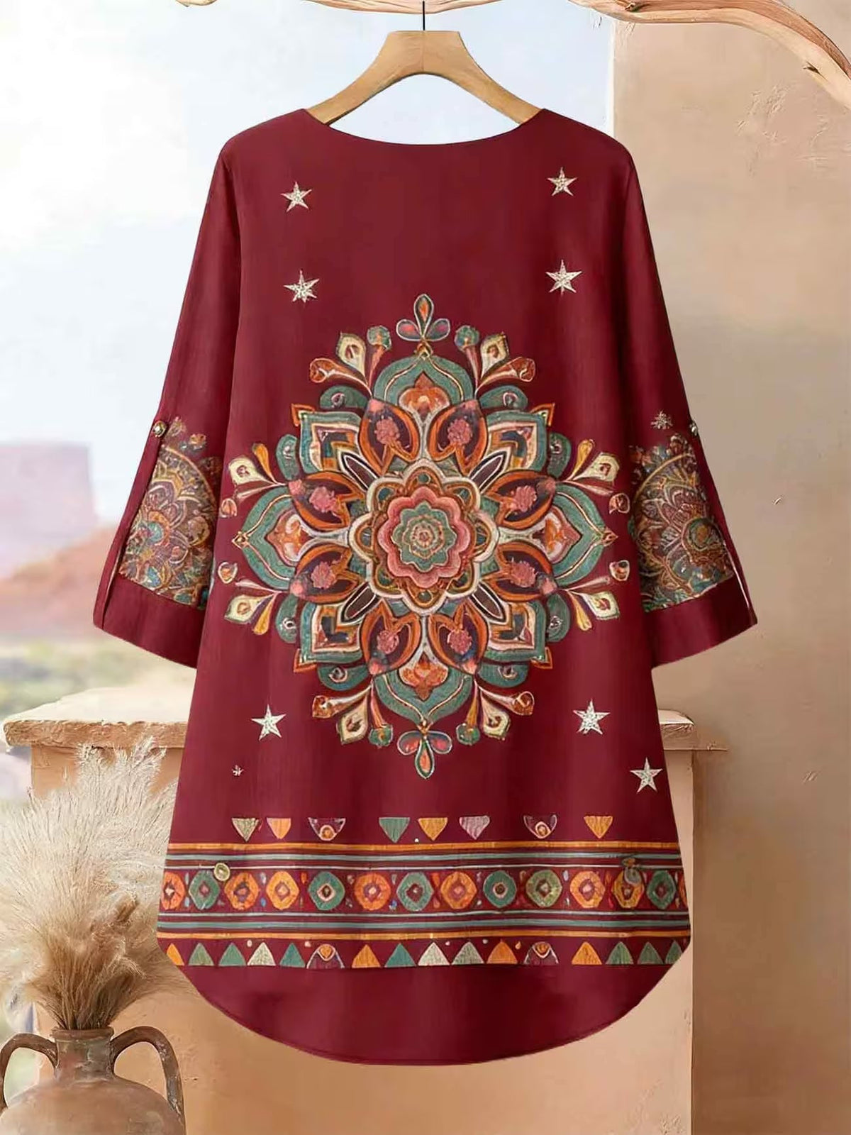 Plus Size Bohemian Printed Co-Ord Set – V-Neck Casual Tunic & Pants Outfit