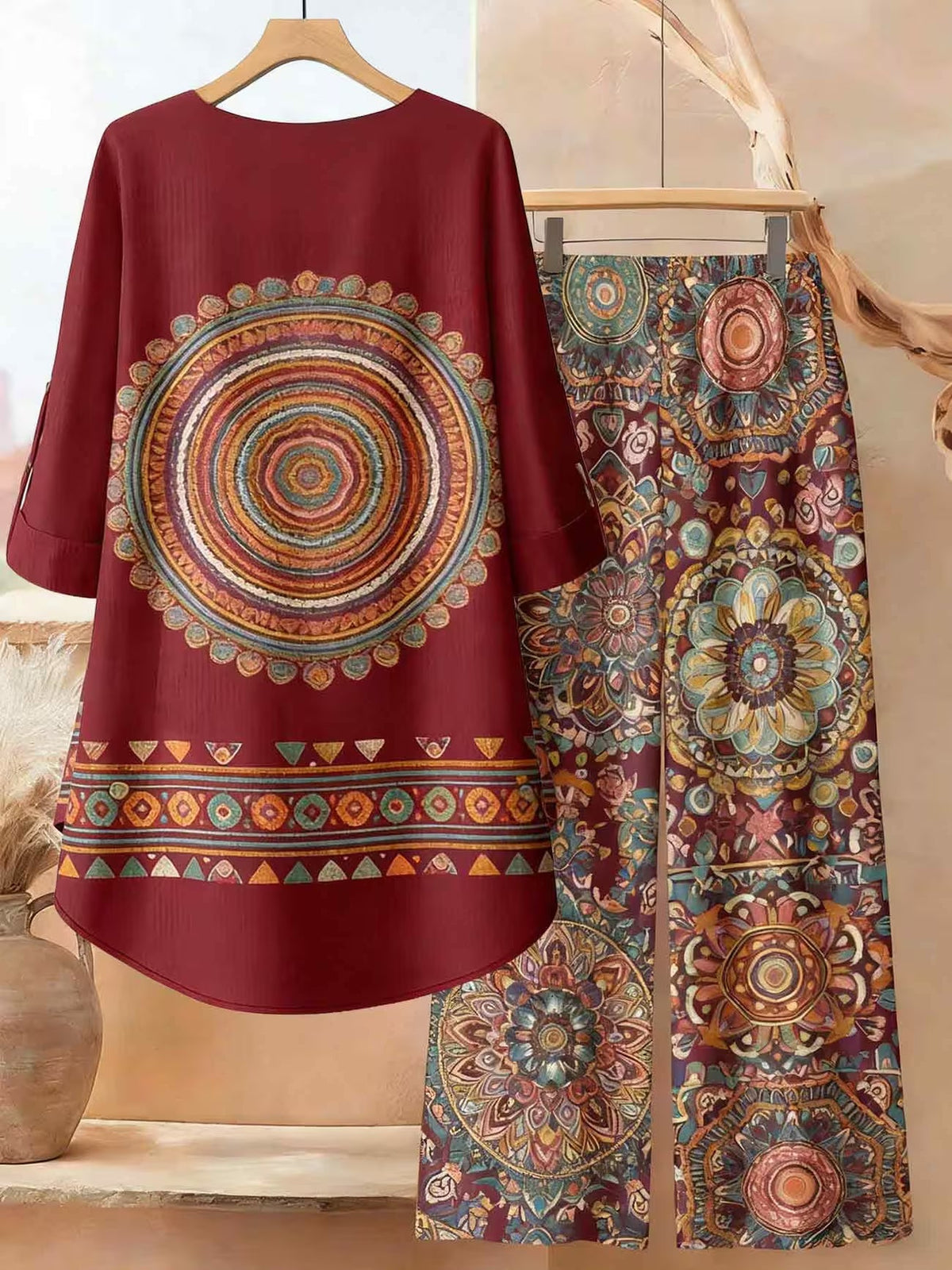 Plus Size Bohemian Printed Co-Ord Set – V-Neck Casual Tunic & Pants Outfit