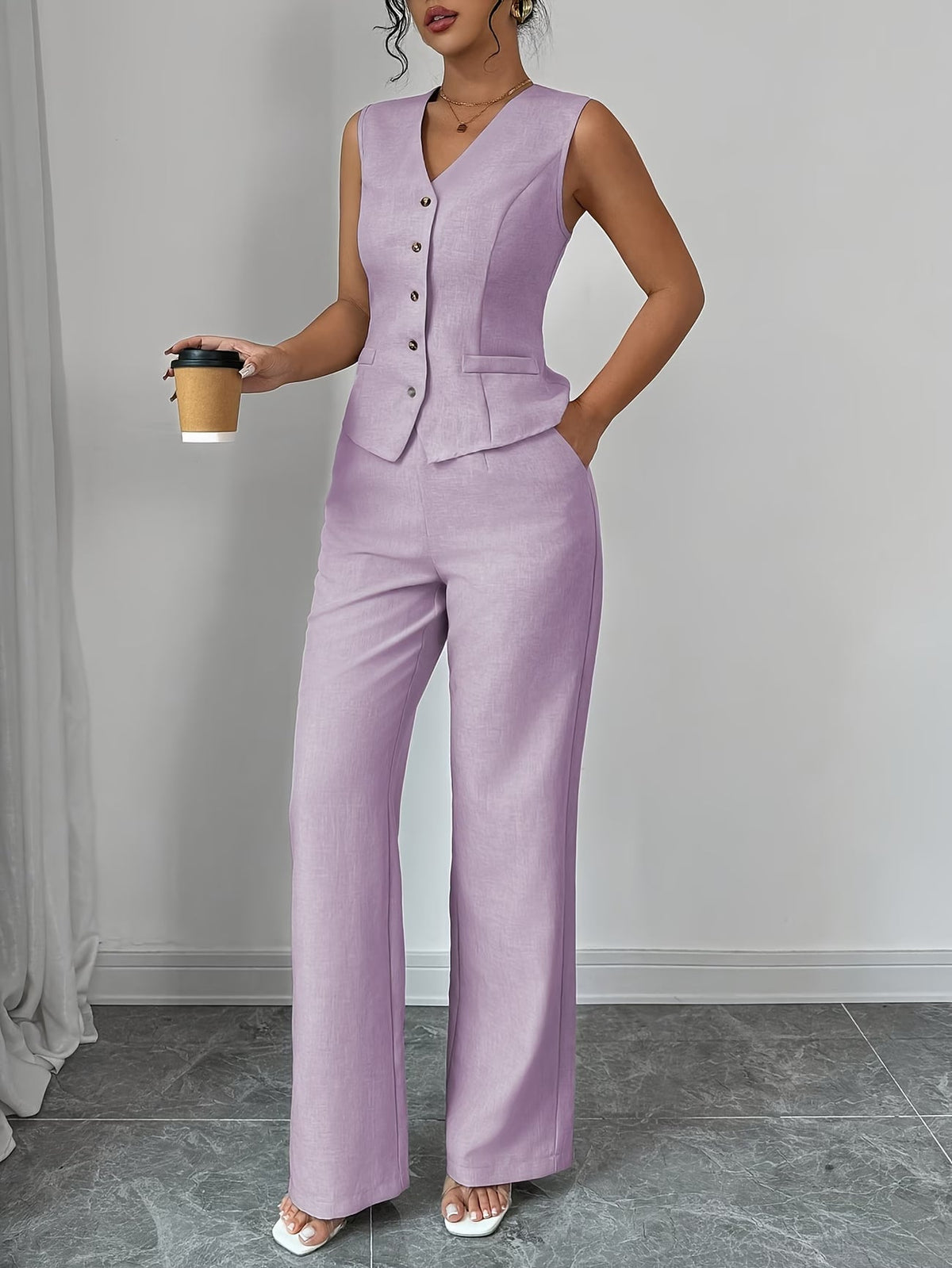 Women's Sleeveless Waist-Cinched Vest & Wide-Leg Pants Two-Piece Set