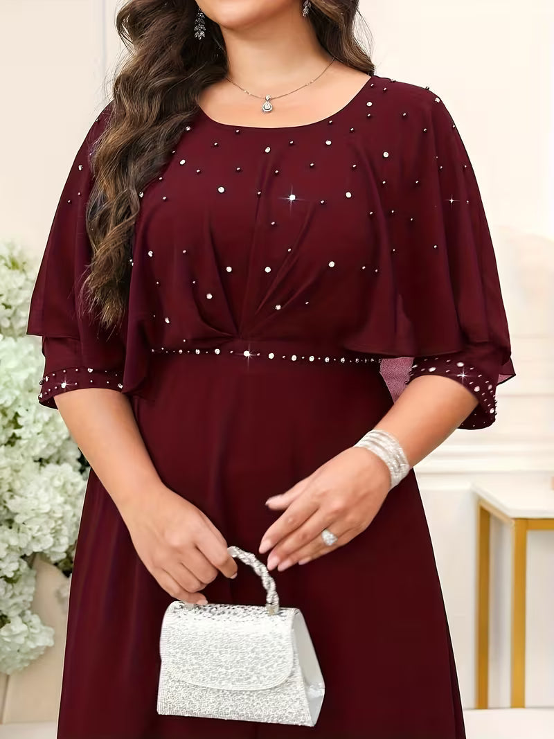 Plus Size Women’s Elegant Rhinestone Collar Dress