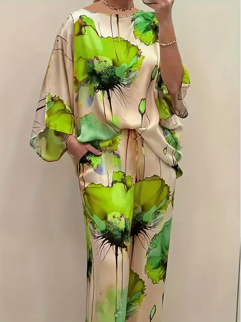 Women’s Plus-Size Casual 2-Piece Set – Off-Shoulder Batwing Top & Printed Pants