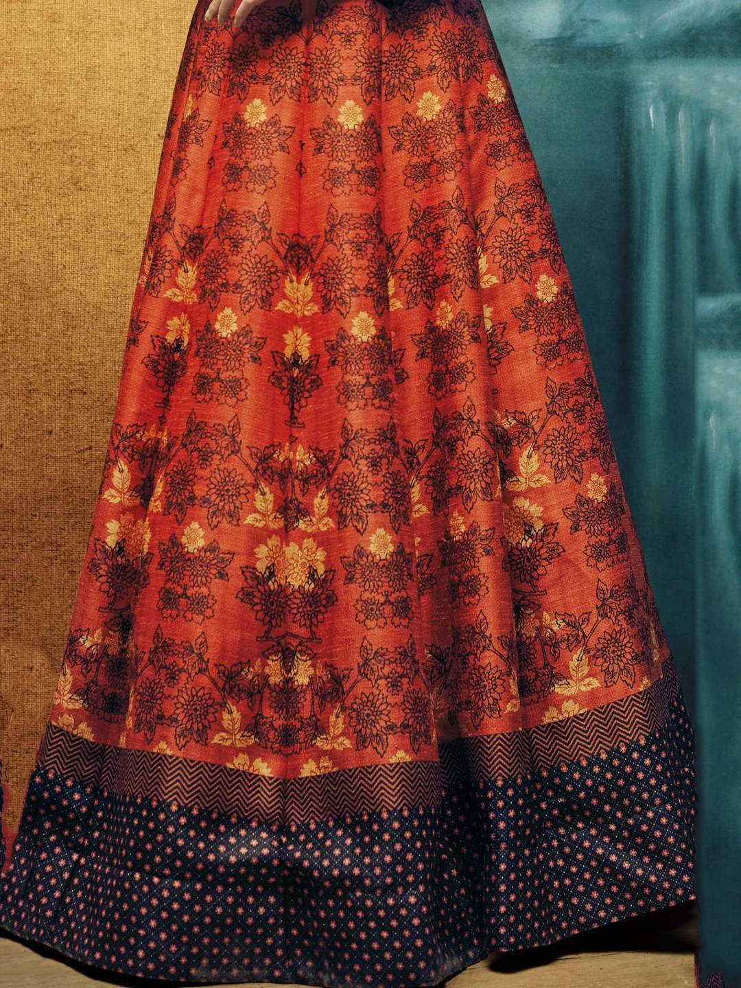 Orange and Black Color Partywear Silk Lehenga Choli