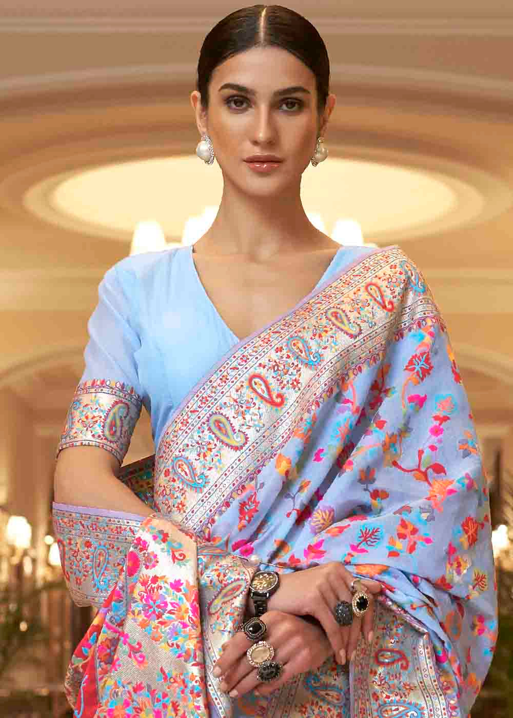 Cornflower Blue Banarasi Jamawar Woven Silk Saree