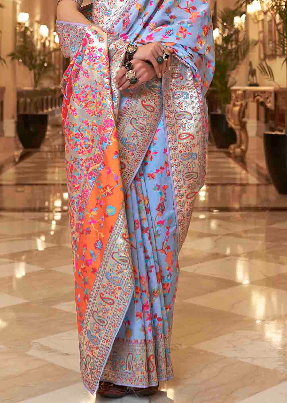 Cornflower Blue Banarasi Jamawar Woven Silk Saree