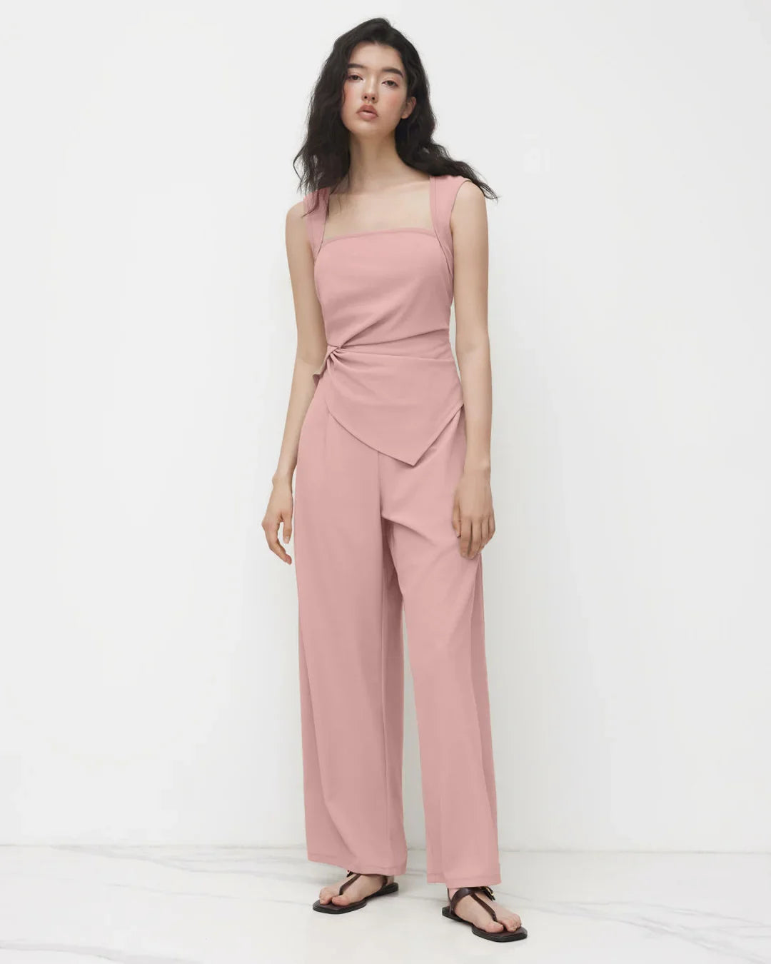 Square Neck Asymmetrical Hem Ruched Jumpsuit in Rose