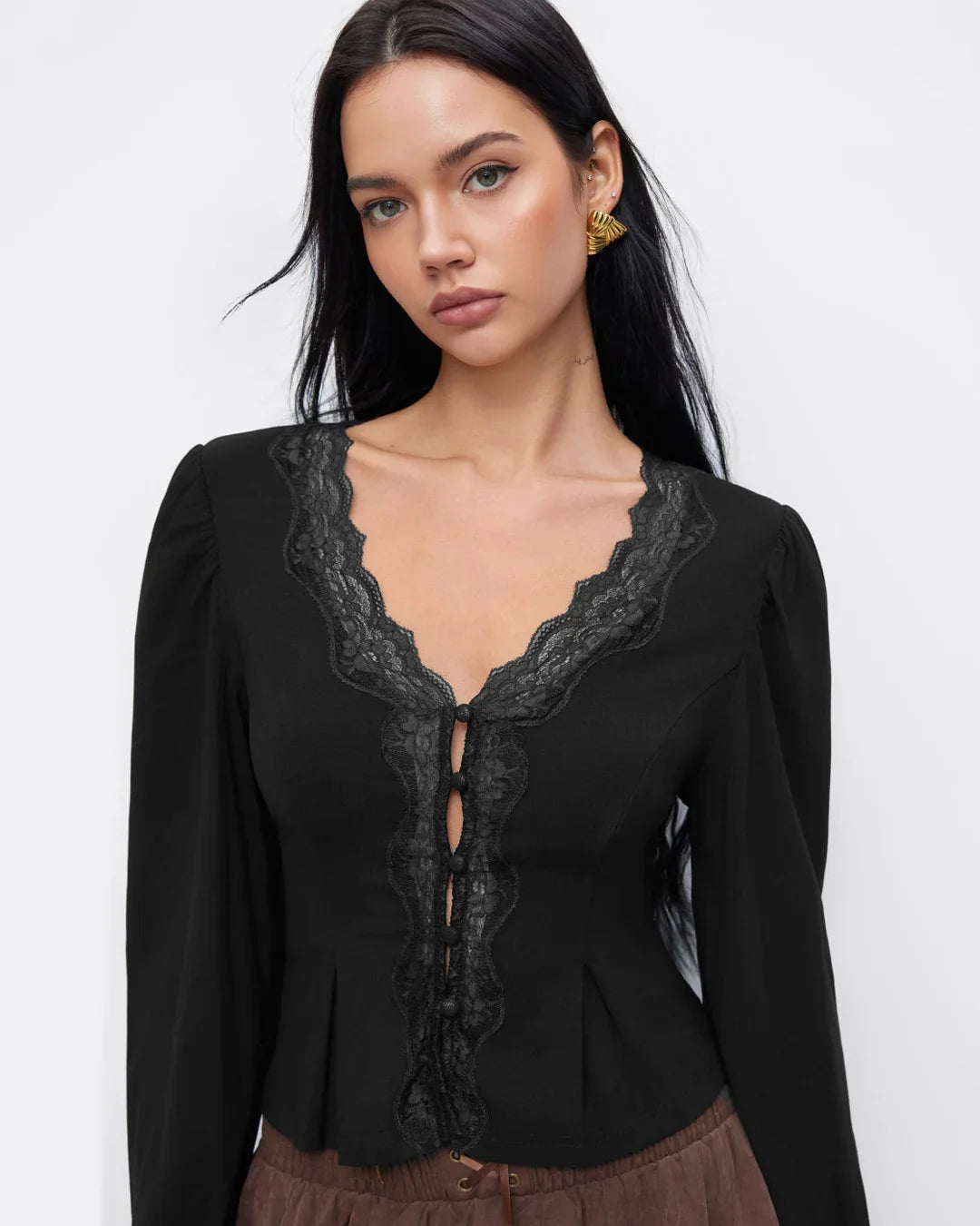 V-neck Long Sleeve Lace Trim Top in Black