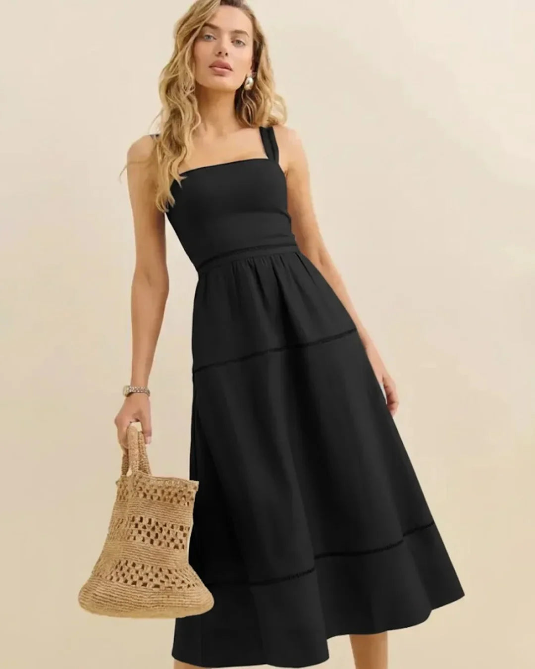 Smocked Back Strap Midi Dress in Black