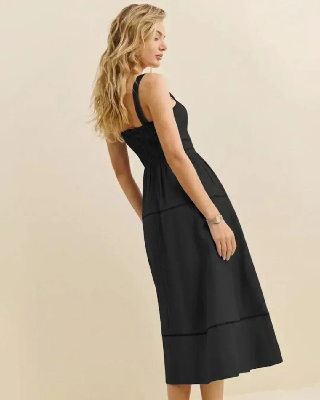 Smocked Back Strap Midi Dress in Black