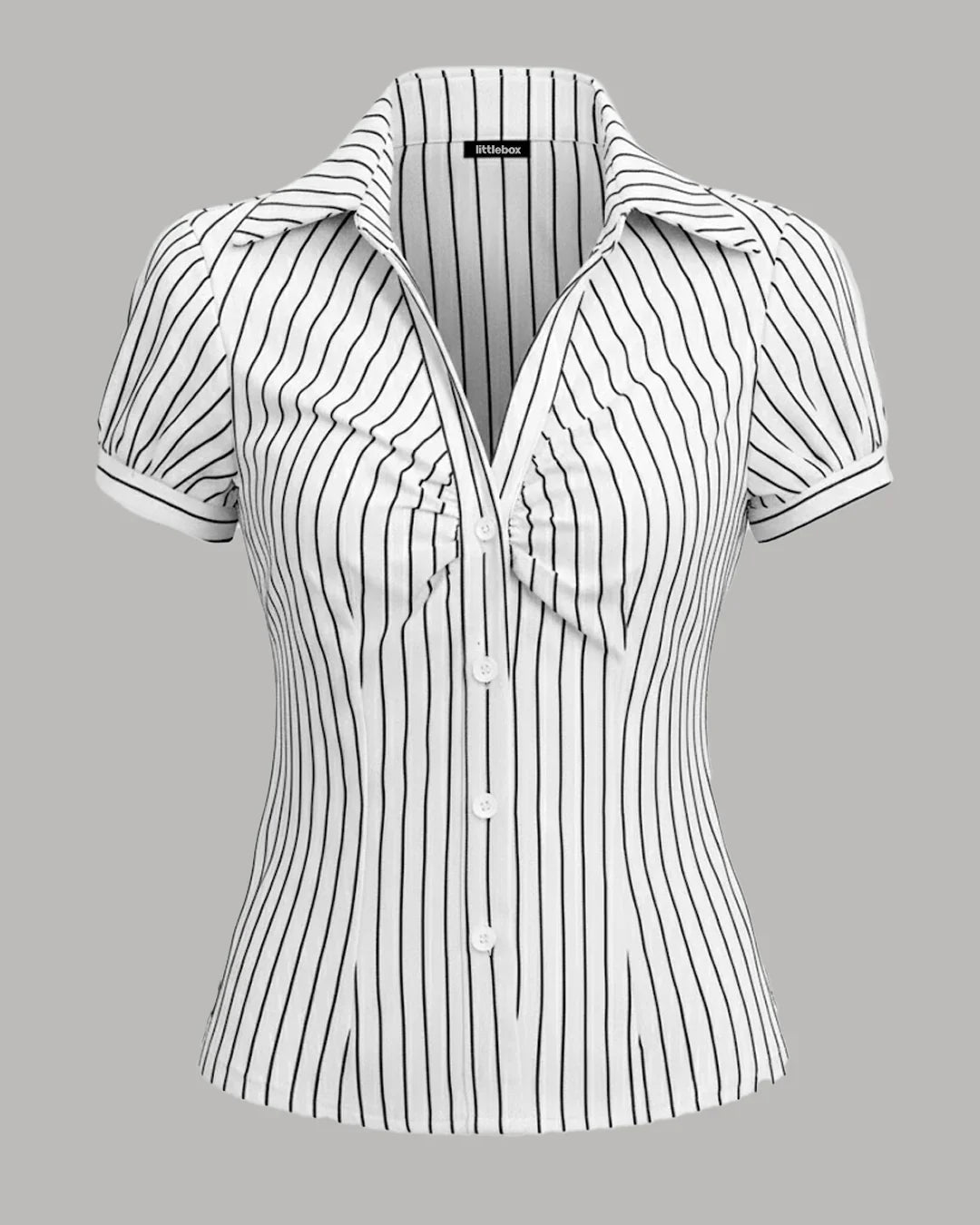 White Striped Short Sleeve Slim Fit Waist Cinched Top
