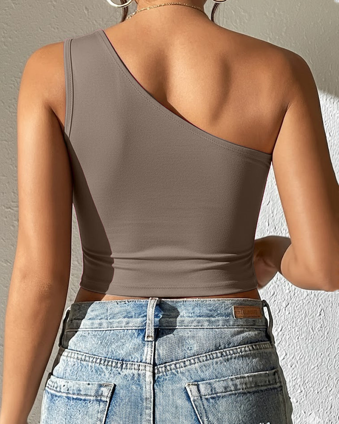 One Shoulder Cut Out Crop Asymmetrical Top in Brown