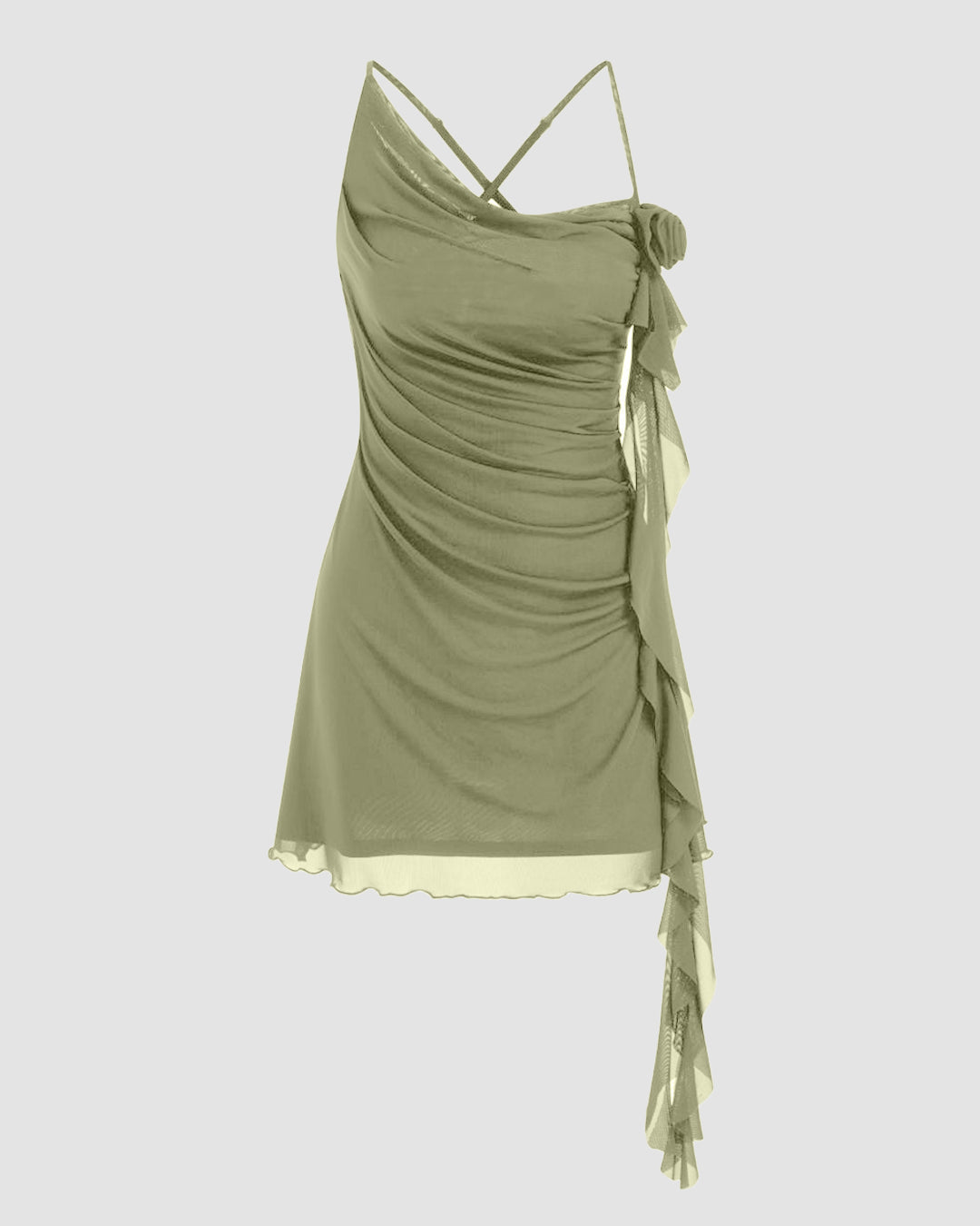 Mesh Asymmetrical Neck Ruched Applique Mini Dress in Herbal green