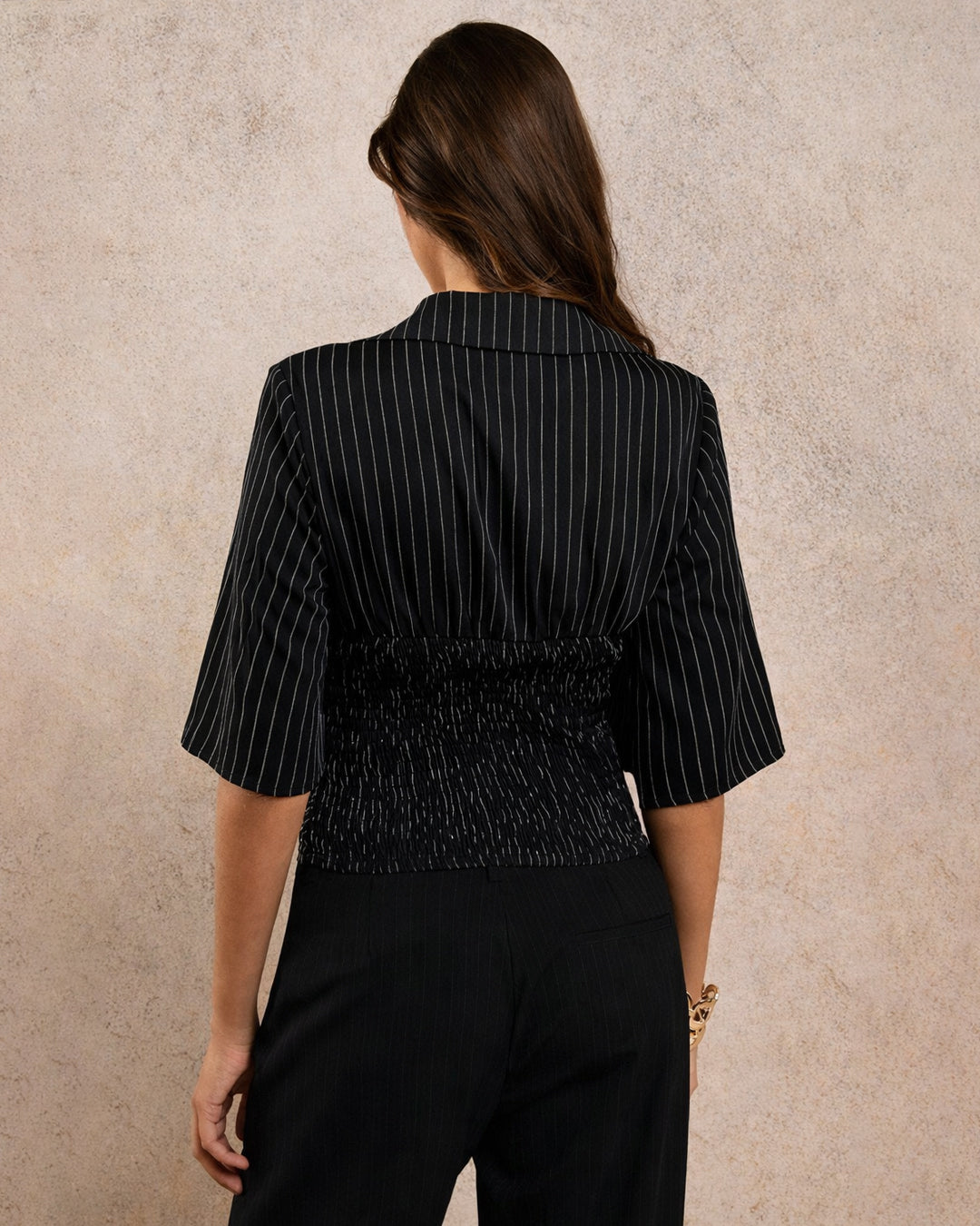 V-Neck Striped Flared Ruched Top in Black