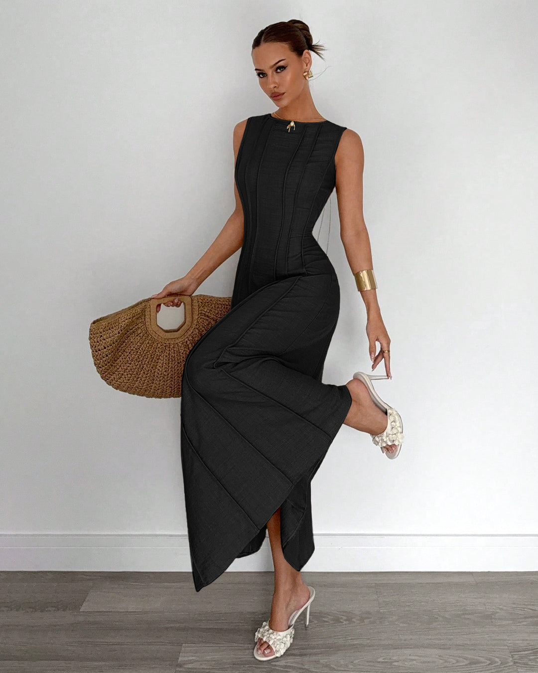 Split Pleated Waist A-Line Maxi Dress in Classic Black