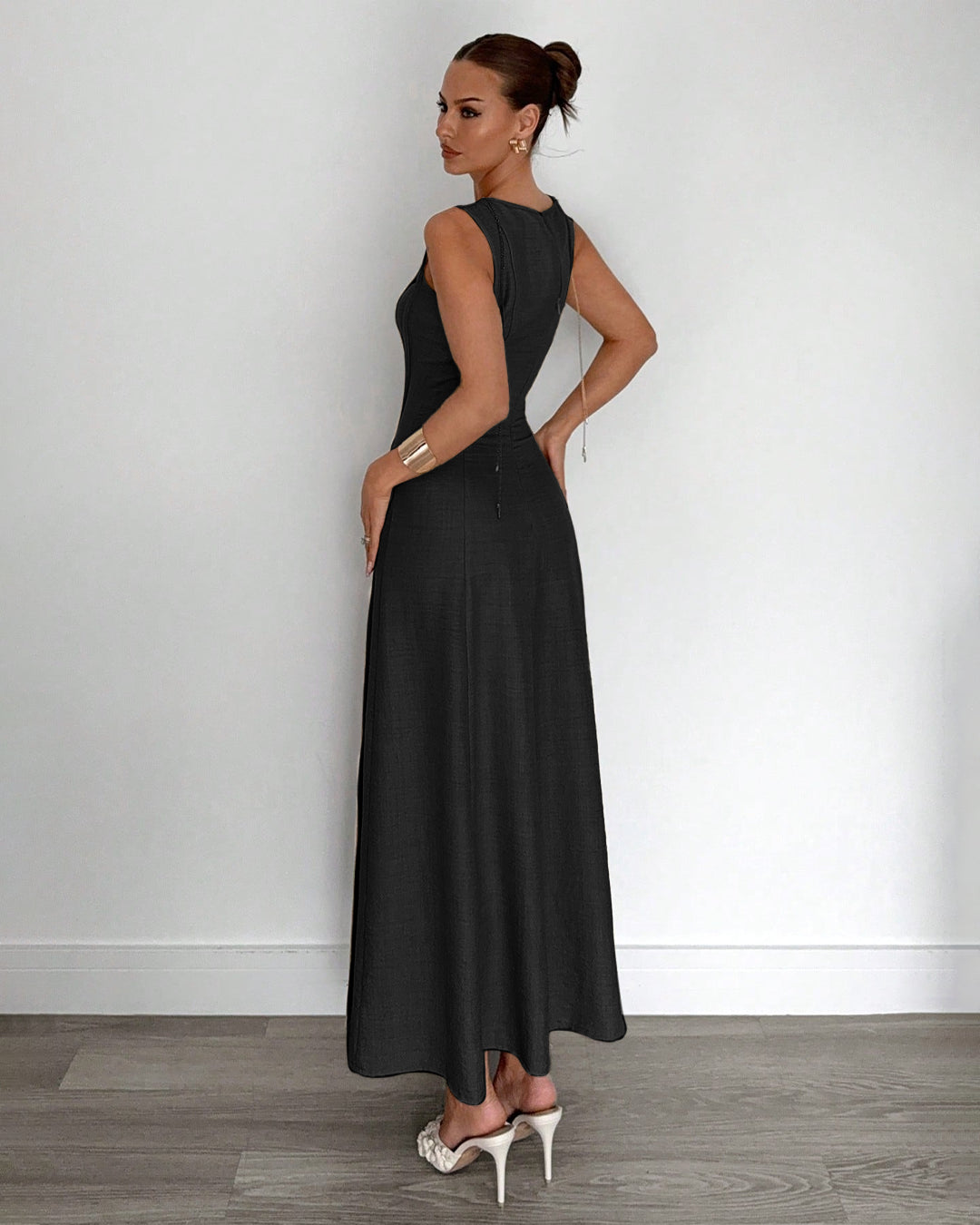 Split Pleated Waist A-Line Maxi Dress in Classic Black