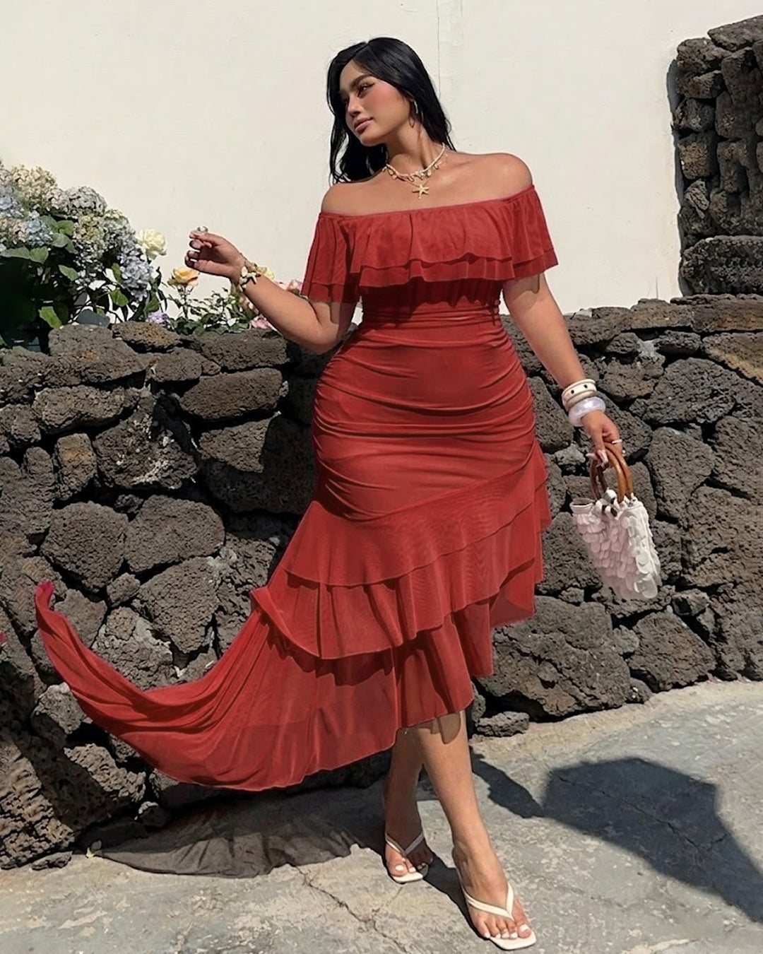 Off Shoulder Ruffle Asymmetrical Hem Mesh Dress Curve & Plus in Dark Red
