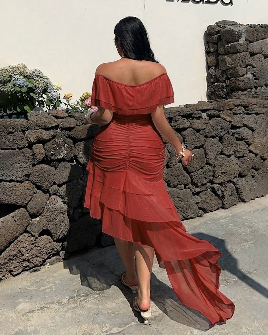 Off Shoulder Ruffle Asymmetrical Hem Mesh Dress Curve & Plus in Dark Red