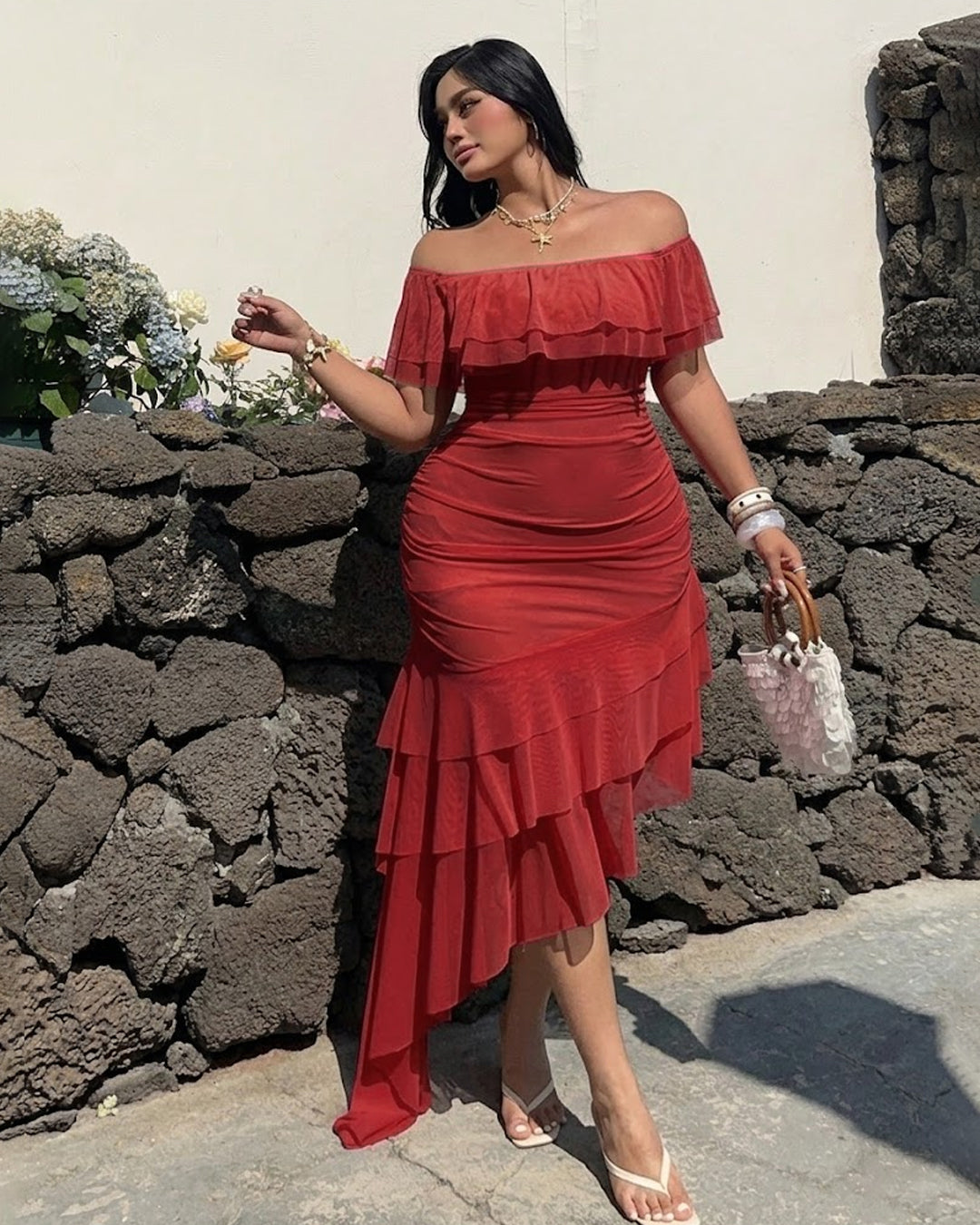 Off Shoulder Ruffle Asymmetrical Hem Mesh Dress Curve & Plus in Dark Red