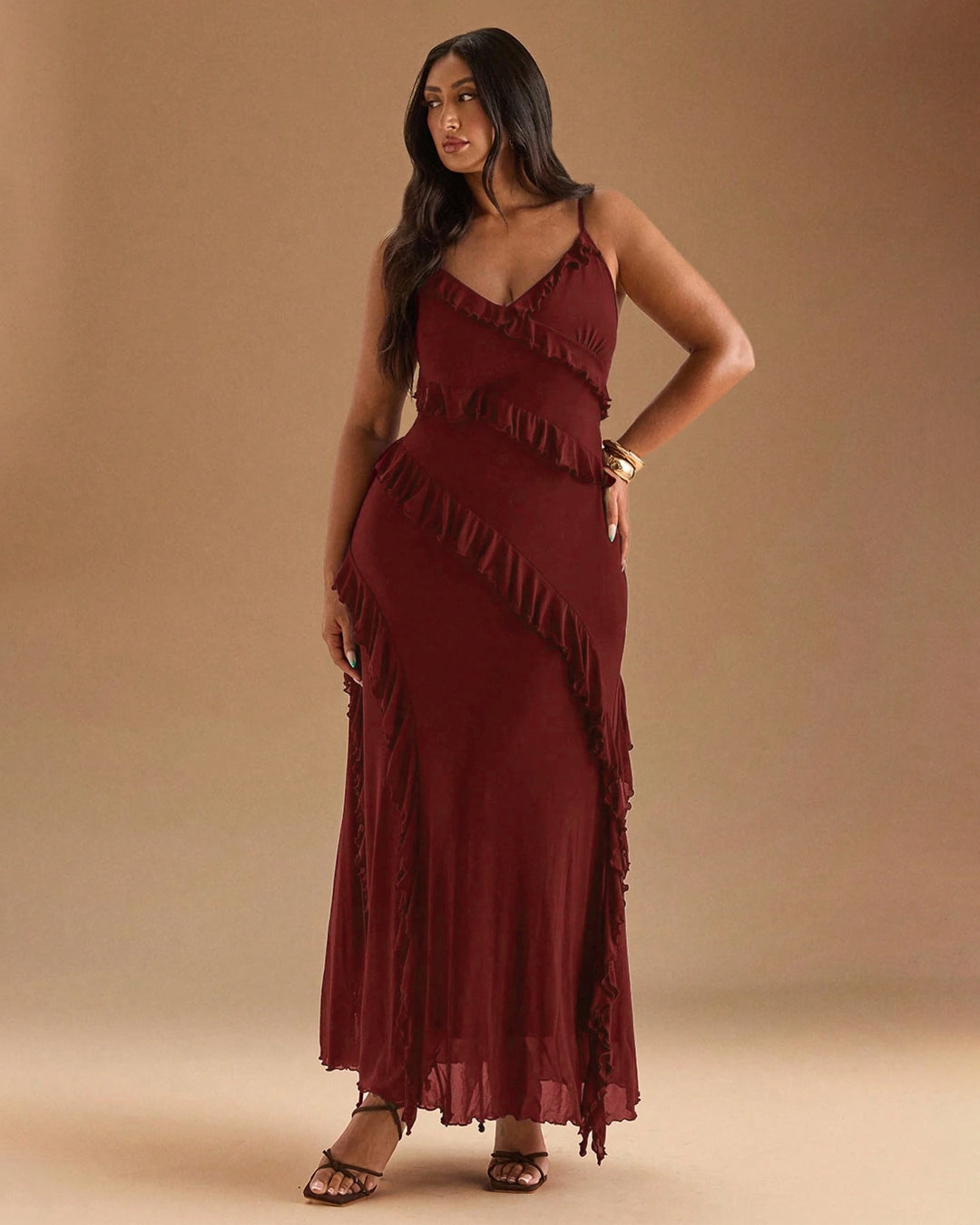 Mesh Ruffle Tiered Maxi Dress Curve & Plus in Maroon