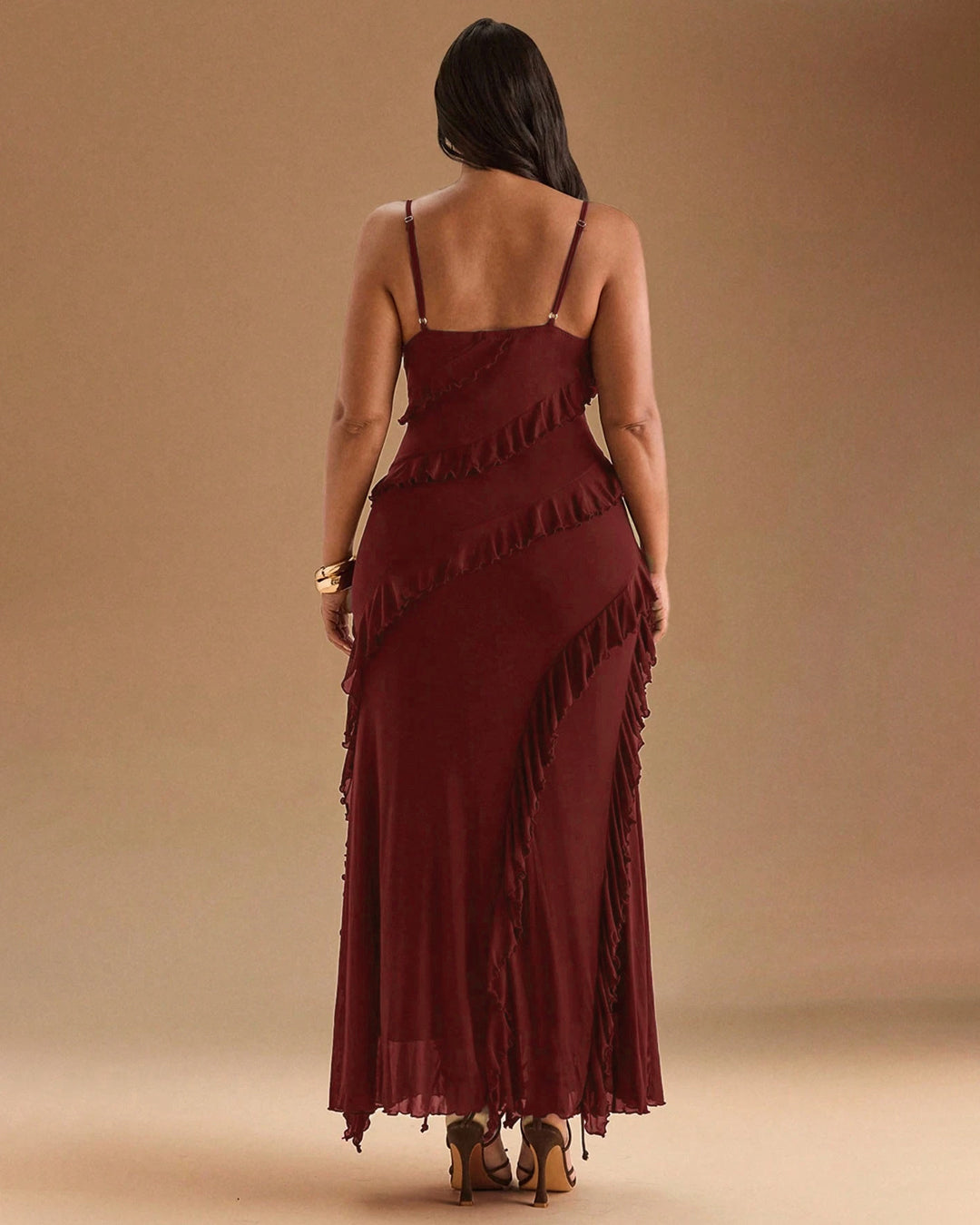 Mesh Ruffle Tiered Maxi Dress Curve & Plus in Maroon