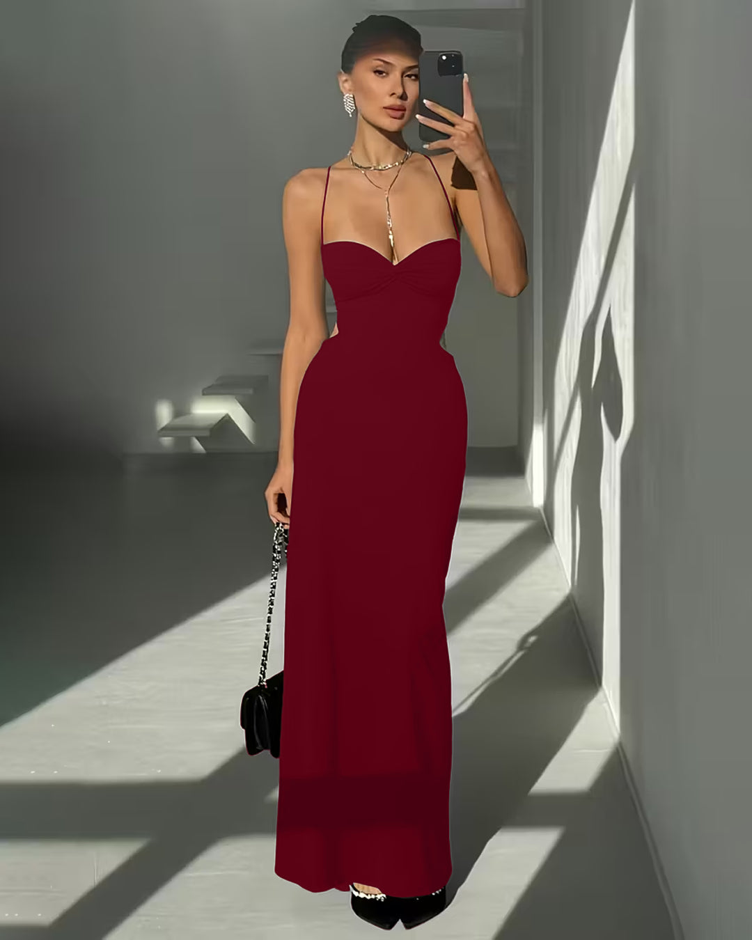 Backless Waist Hugging Maxi Dress in Burgundy