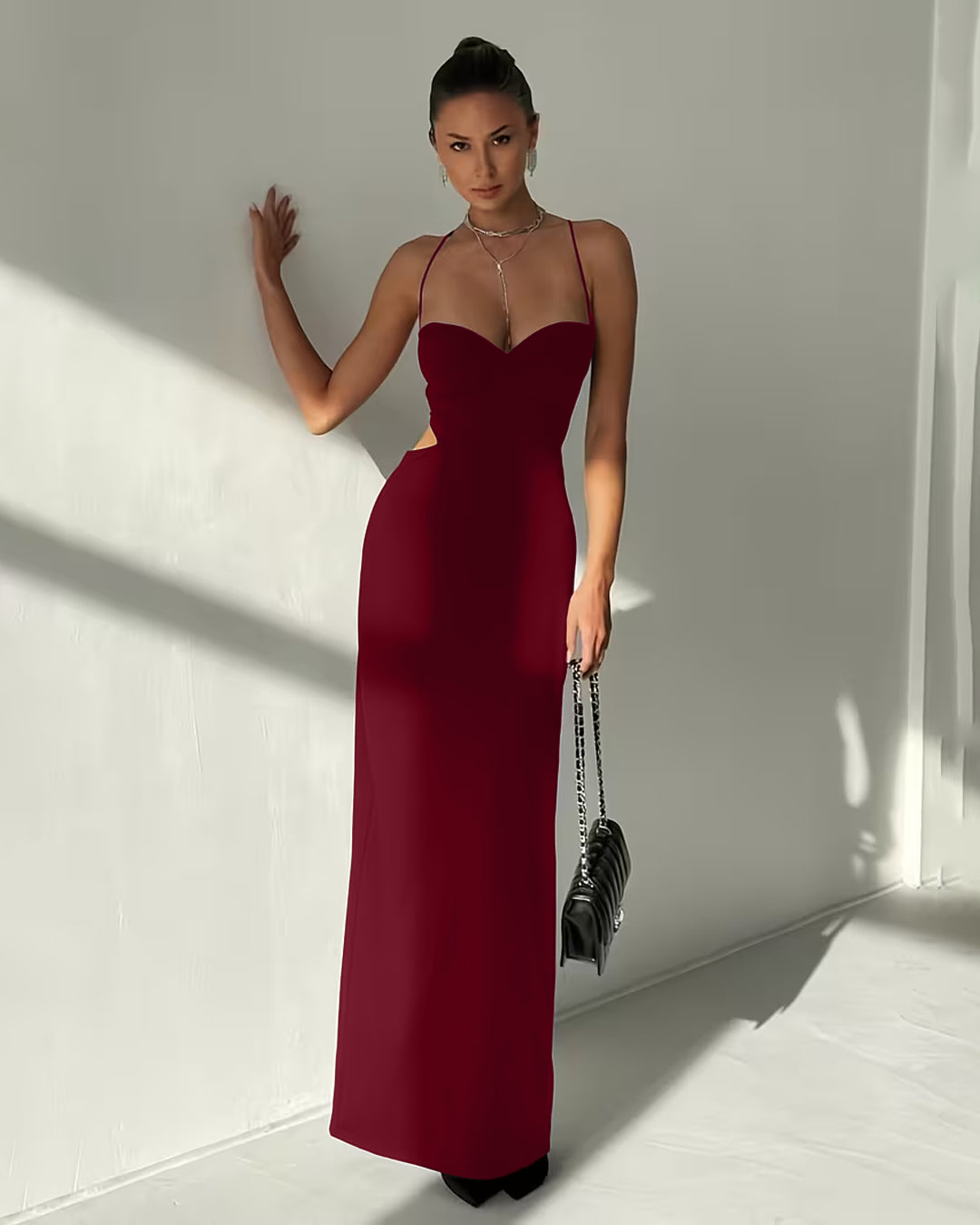 Backless Waist Hugging Maxi Dress in Burgundy