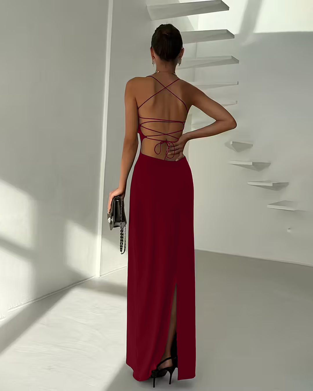 Backless Waist Hugging Maxi Dress in Burgundy