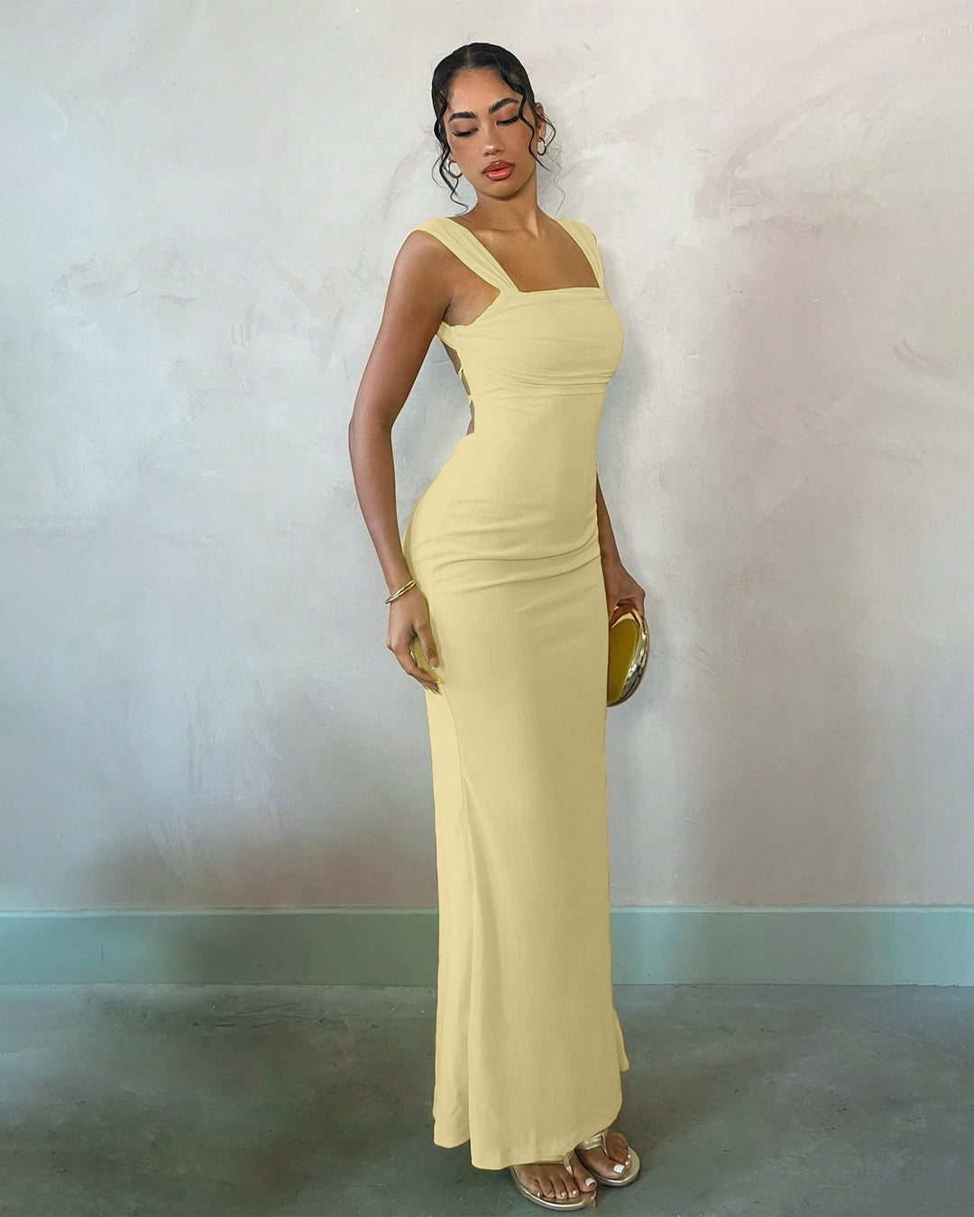 Square Neck Bodycon Mermaid Hem Solid Sleeveless Maxi Dress in Vanilla