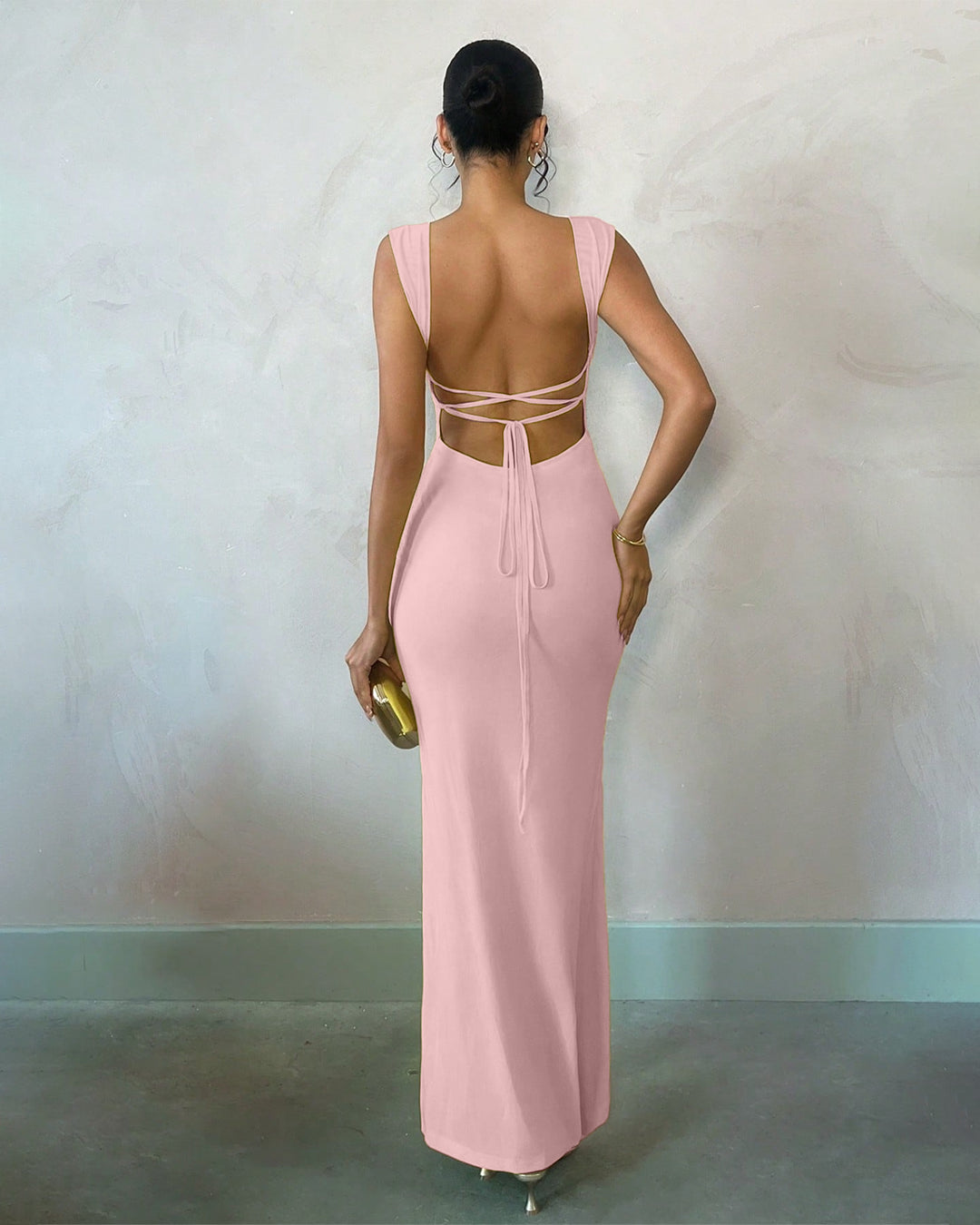 Square Neck Bodycon Mermaid Hem Solid Sleeveless Maxi Dress in Rose Pink