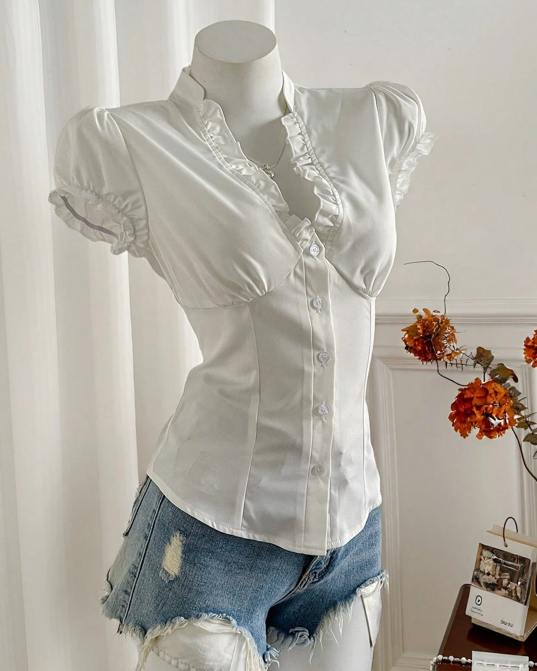 Ruffled V-Neck Curved Hem Solid Short Puff Sleeve Top in White