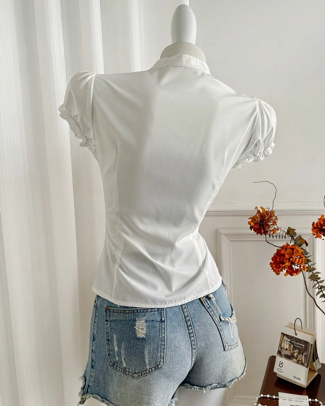 Ruffled V-Neck Curved Hem Solid Short Puff Sleeve Top in White