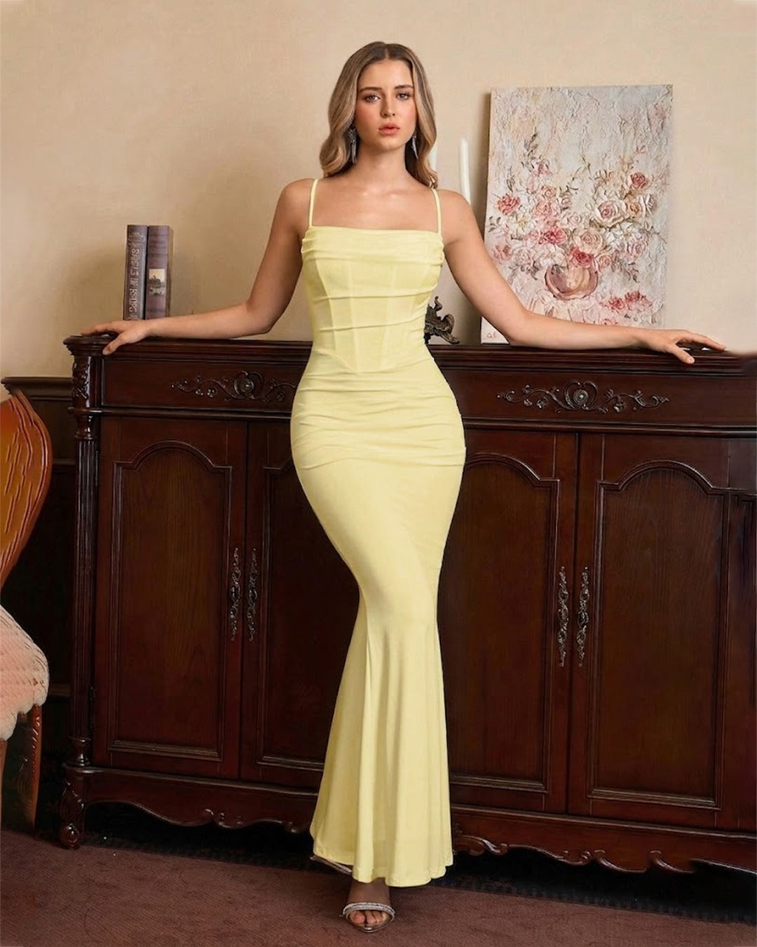 Square Neck Bodycon Mermaid Hem Sleeveless Maxi Dress in Vanilla