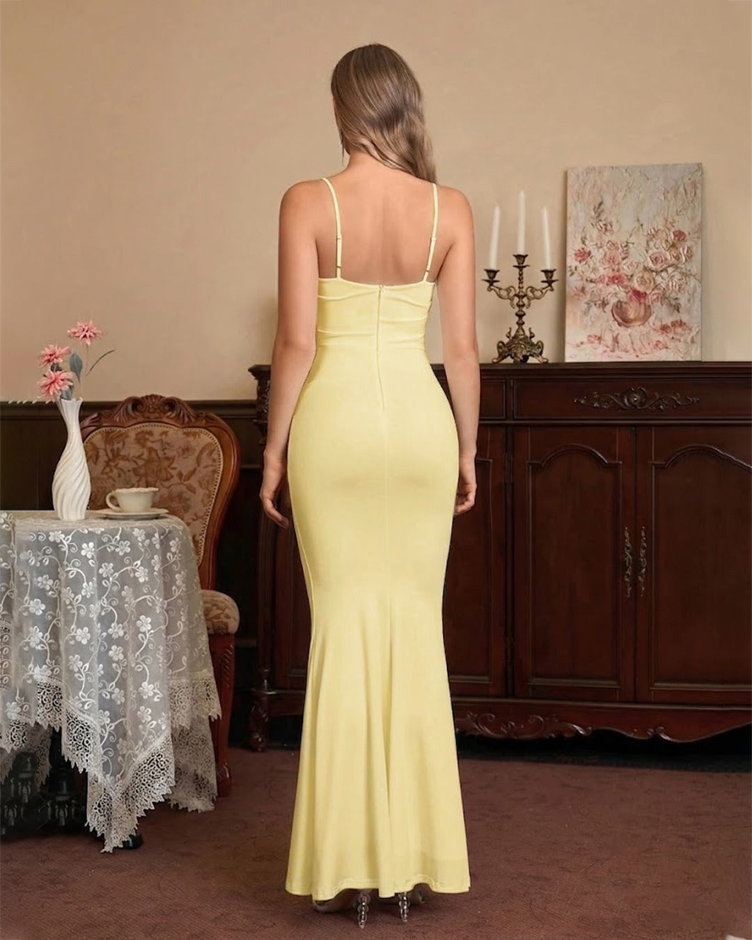 Square Neck Bodycon Mermaid Hem Sleeveless Maxi Dress in Vanilla