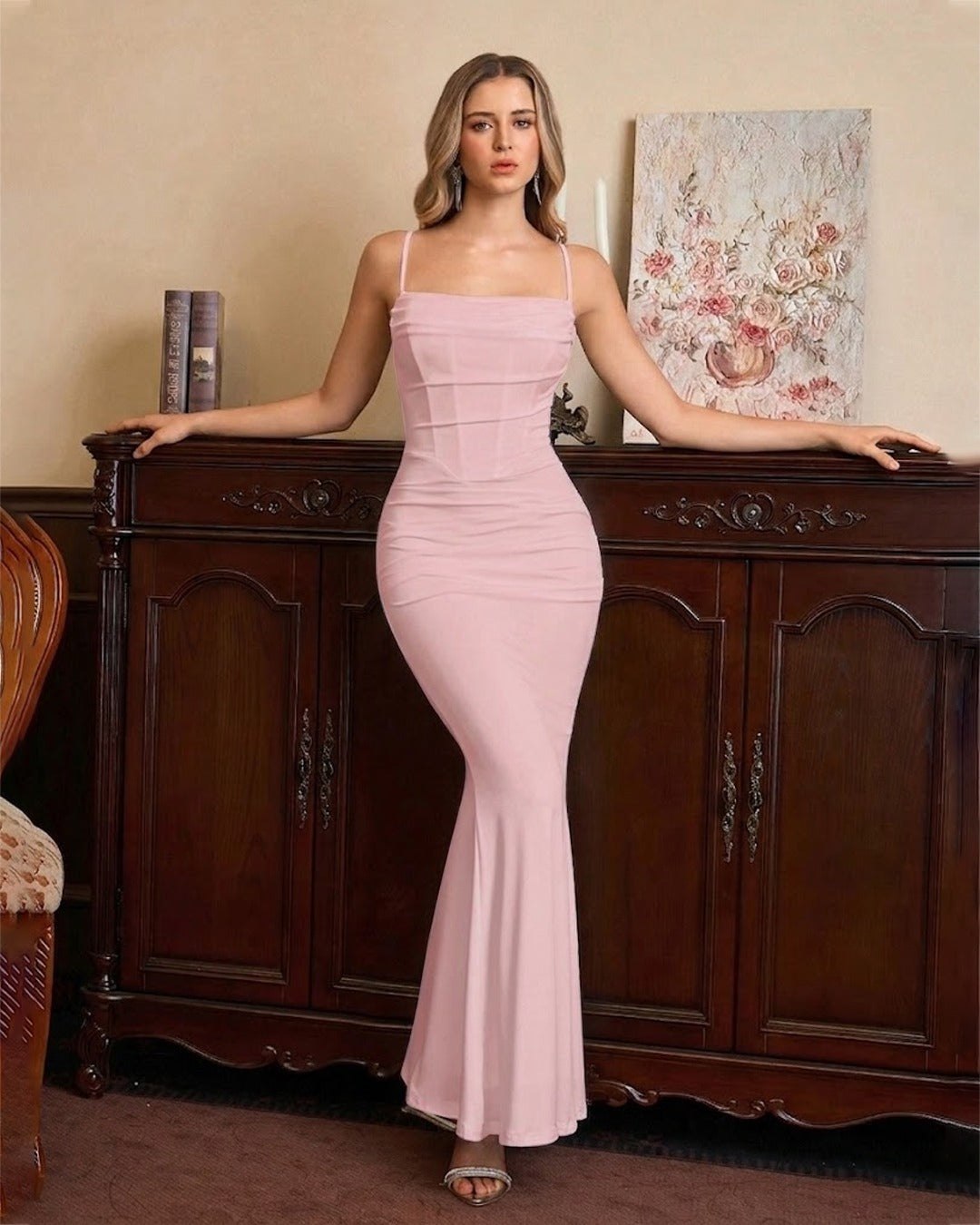 Square Neck Bodycon Mermaid Hem Sleeveless Maxi Dress in Rose Pink