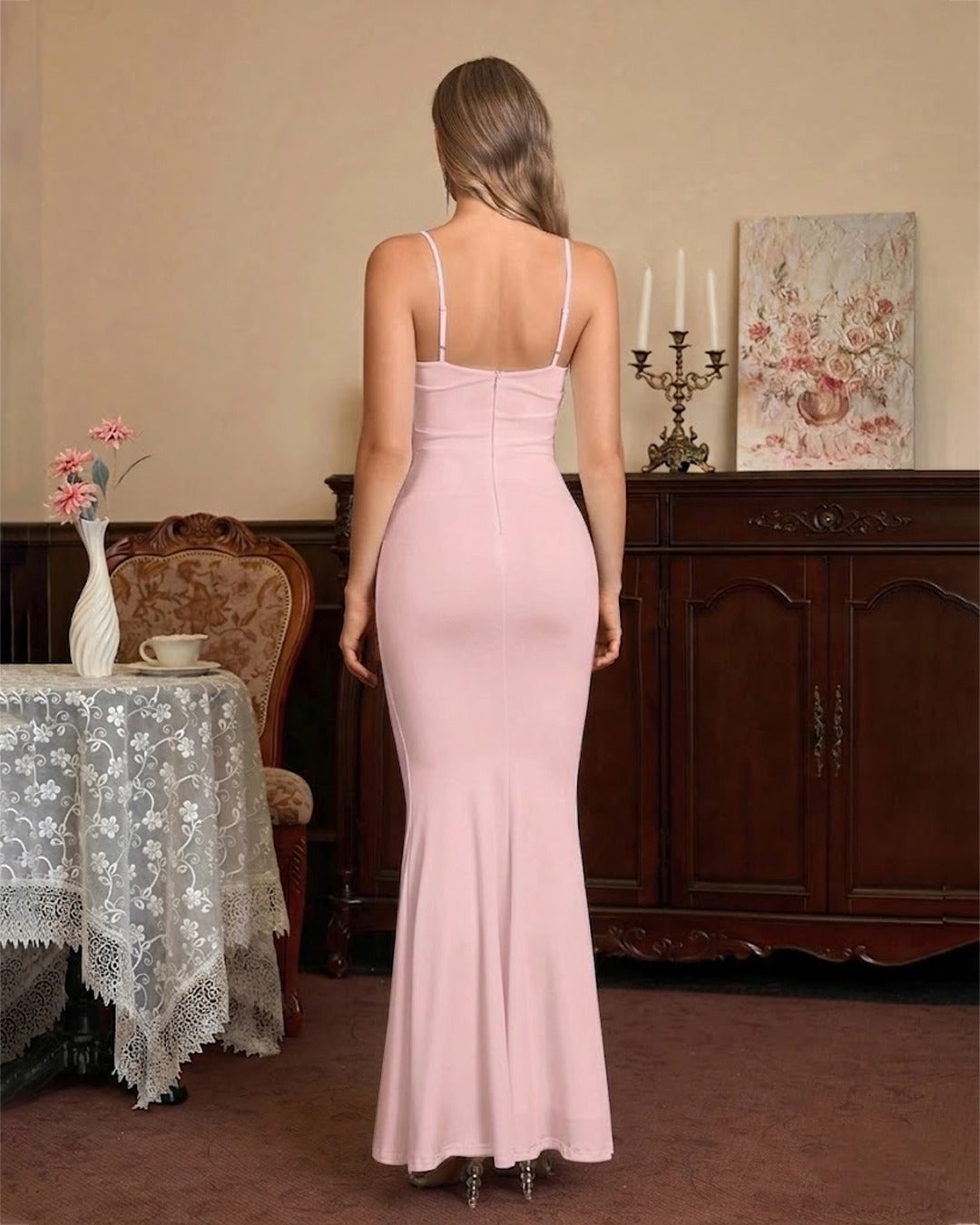 Square Neck Bodycon Mermaid Hem Sleeveless Maxi Dress in Rose Pink