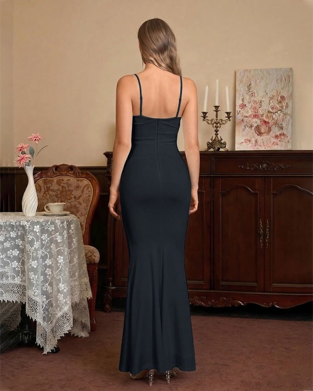 Square Neck Bodycon Mermaid Hem Sleeveless Maxi Dress in Navy Blue